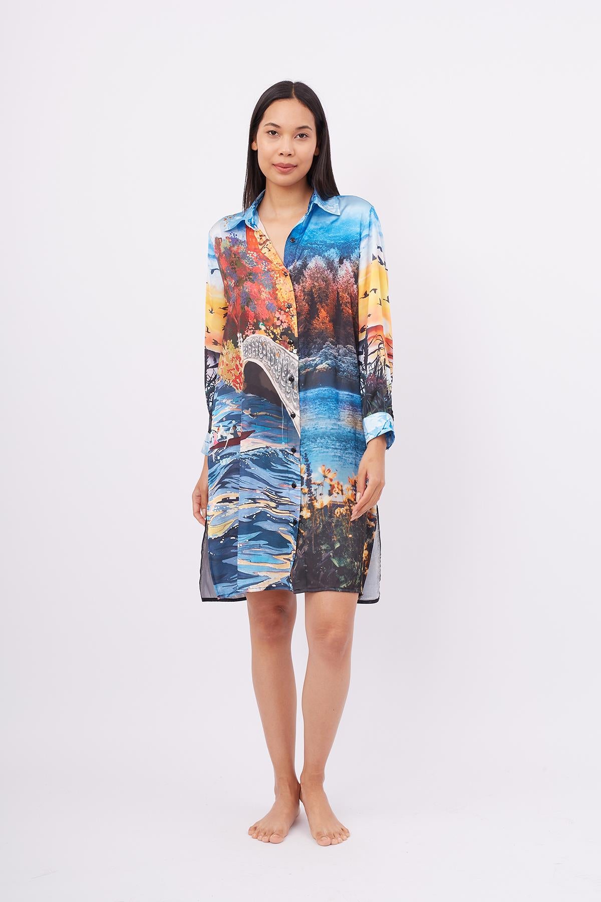 Peraluna-Sweet Memories Long Shirt Dress Manzara Baskılı 120 Cm Saten Uzun Gömlek Elbise-Elbise-6-Milagron.com