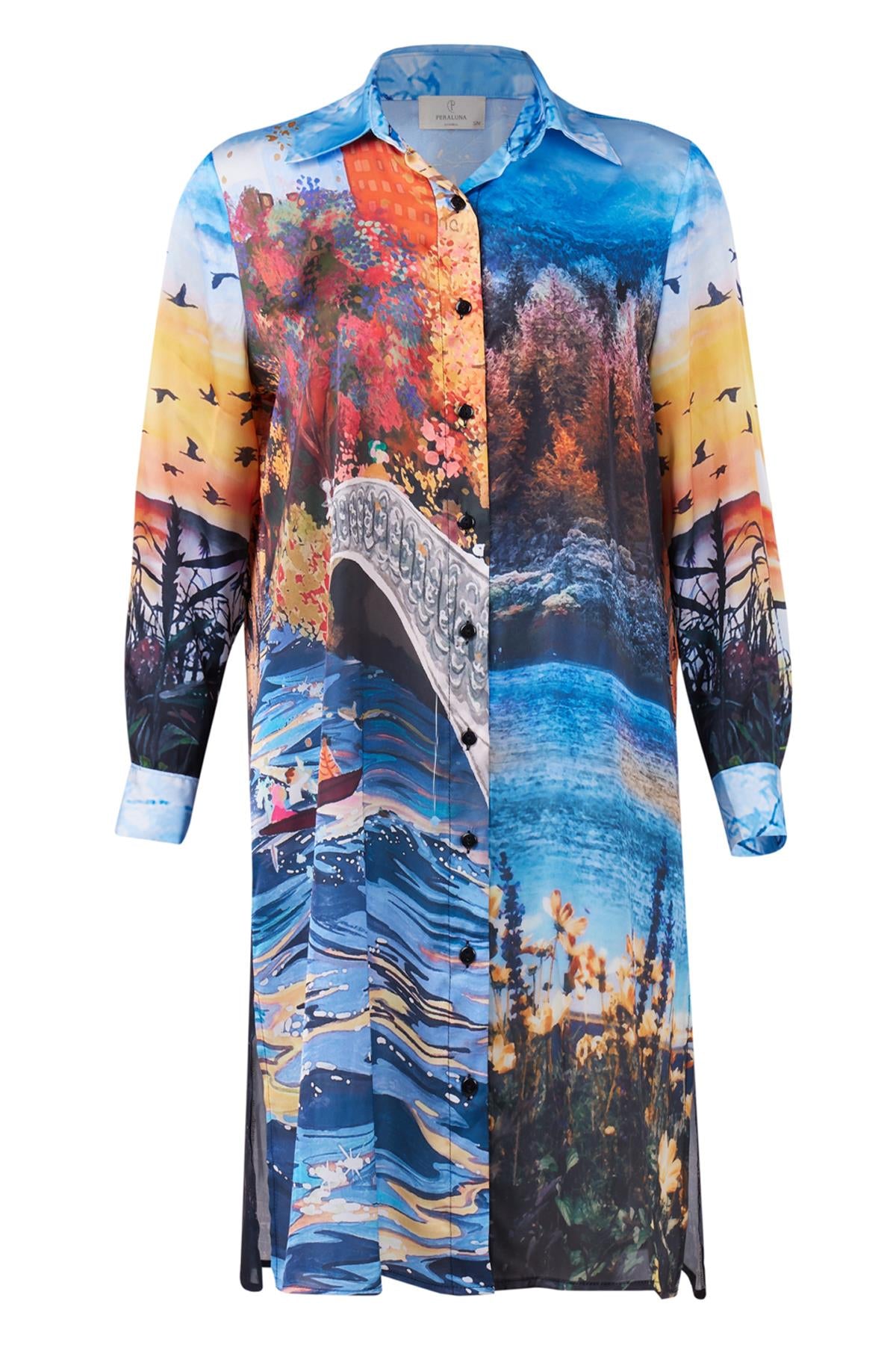 Peraluna-Sweet Memories Long Shirt Dress Manzara Baskılı 120 Cm Saten Uzun Gömlek Elbise-Elbise-8-Milagron.com