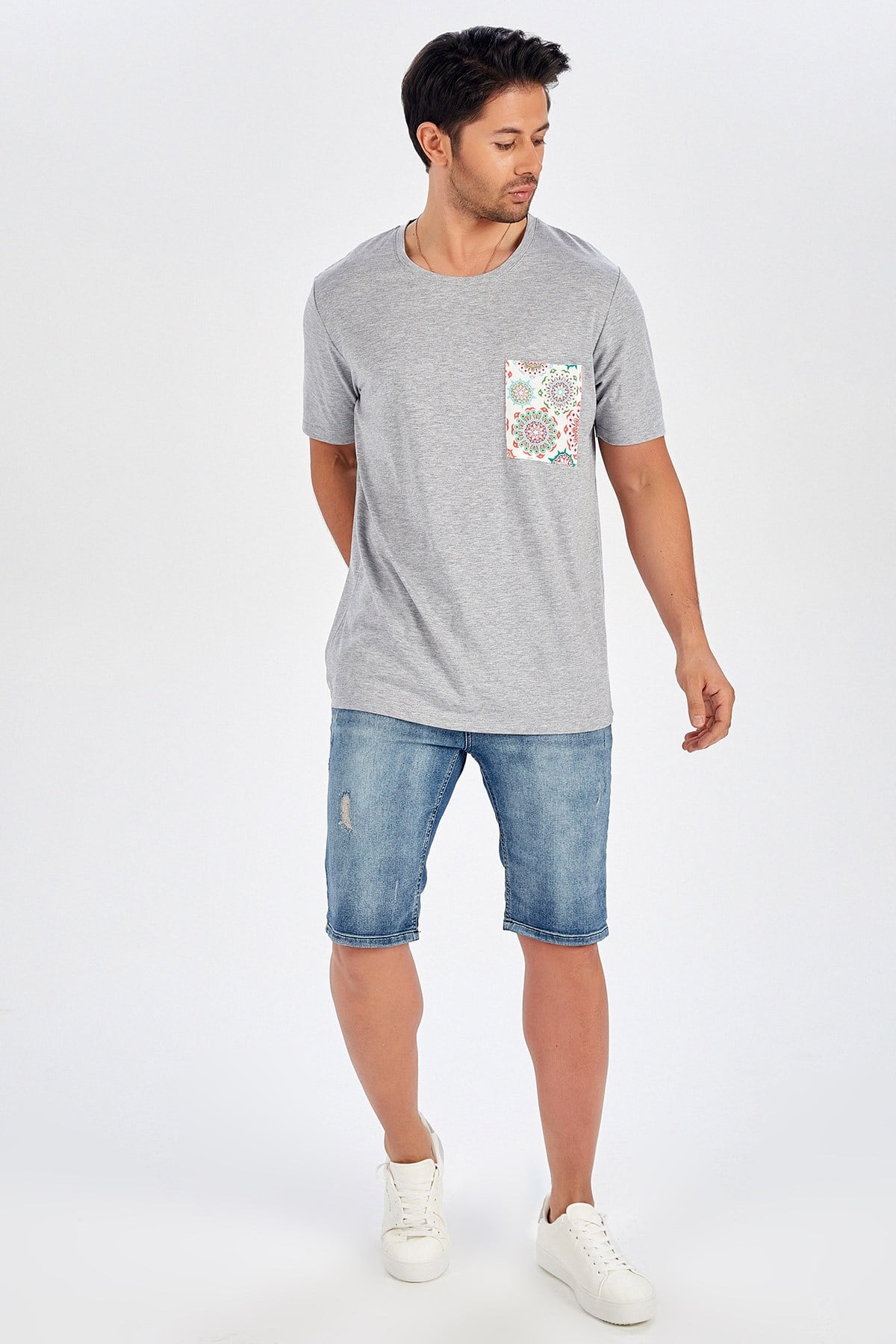 Peraluna Tek Cepli Düz Kesim Uzun Erkek T-Shirt - Açık Gri Melanj