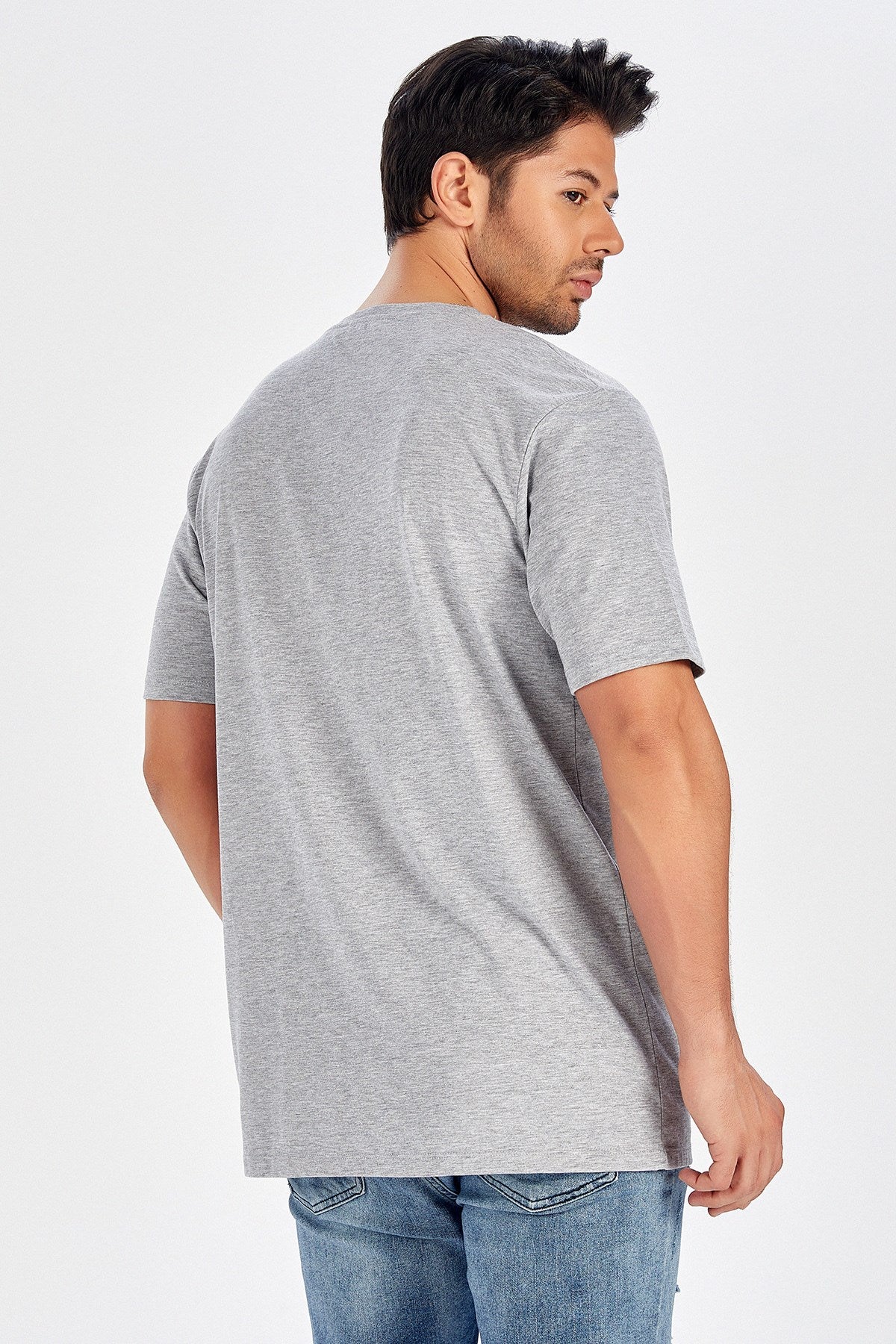 Peraluna Tek Cepli Düz Kesim Uzun Erkek T-Shirt - Açık Gri Melanj