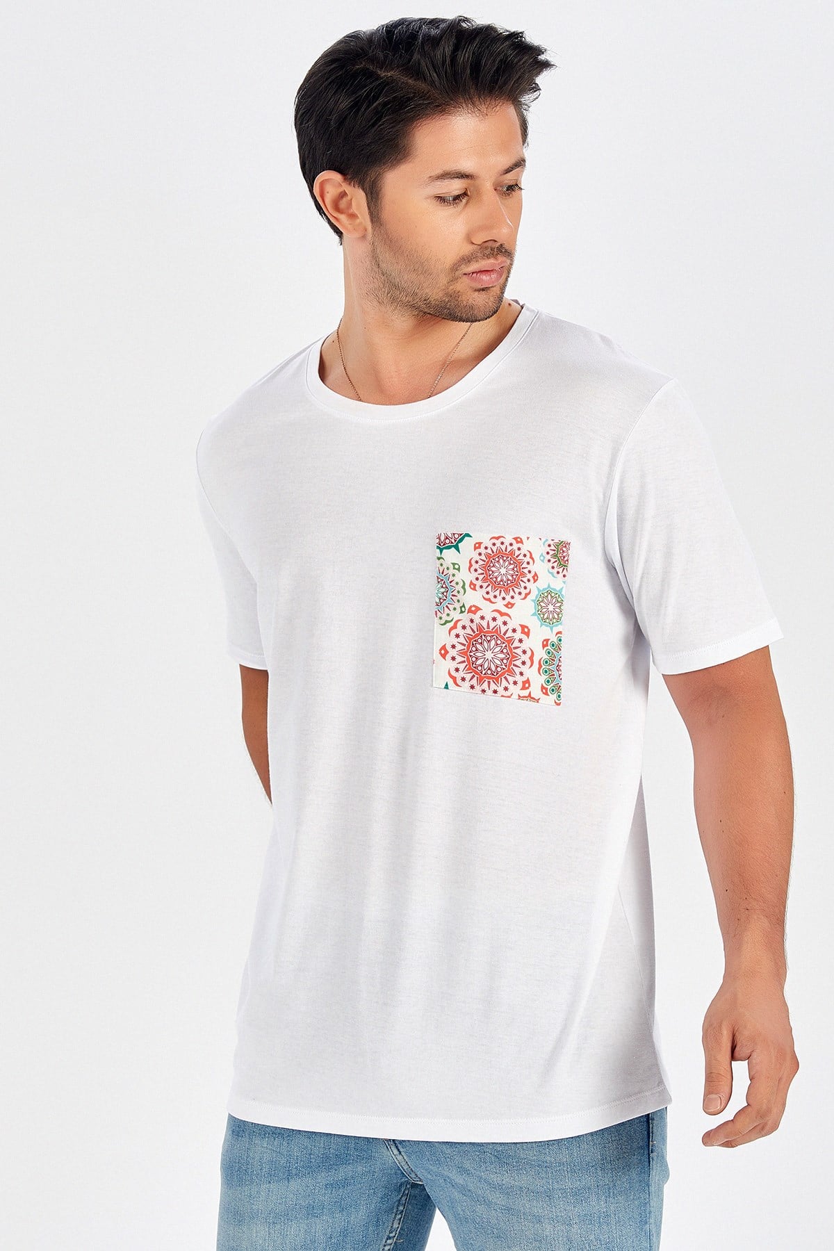 Peraluna Tek Cepli Düz Kesim Uzun Erkek T-Shirt - Beyaz