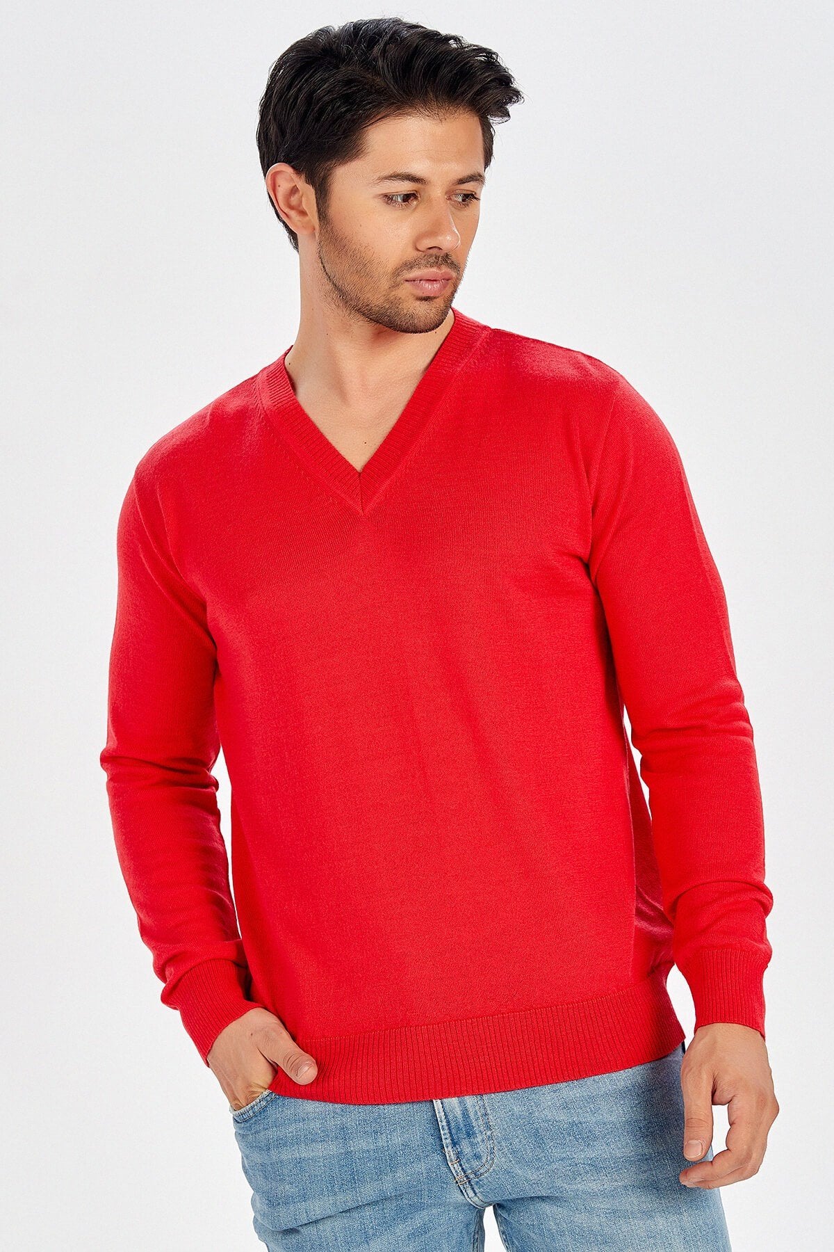 Peraluna-V Yaka Basic Erkek Kazak Kırmızı-Kazak & Triko-2-Milagron.com