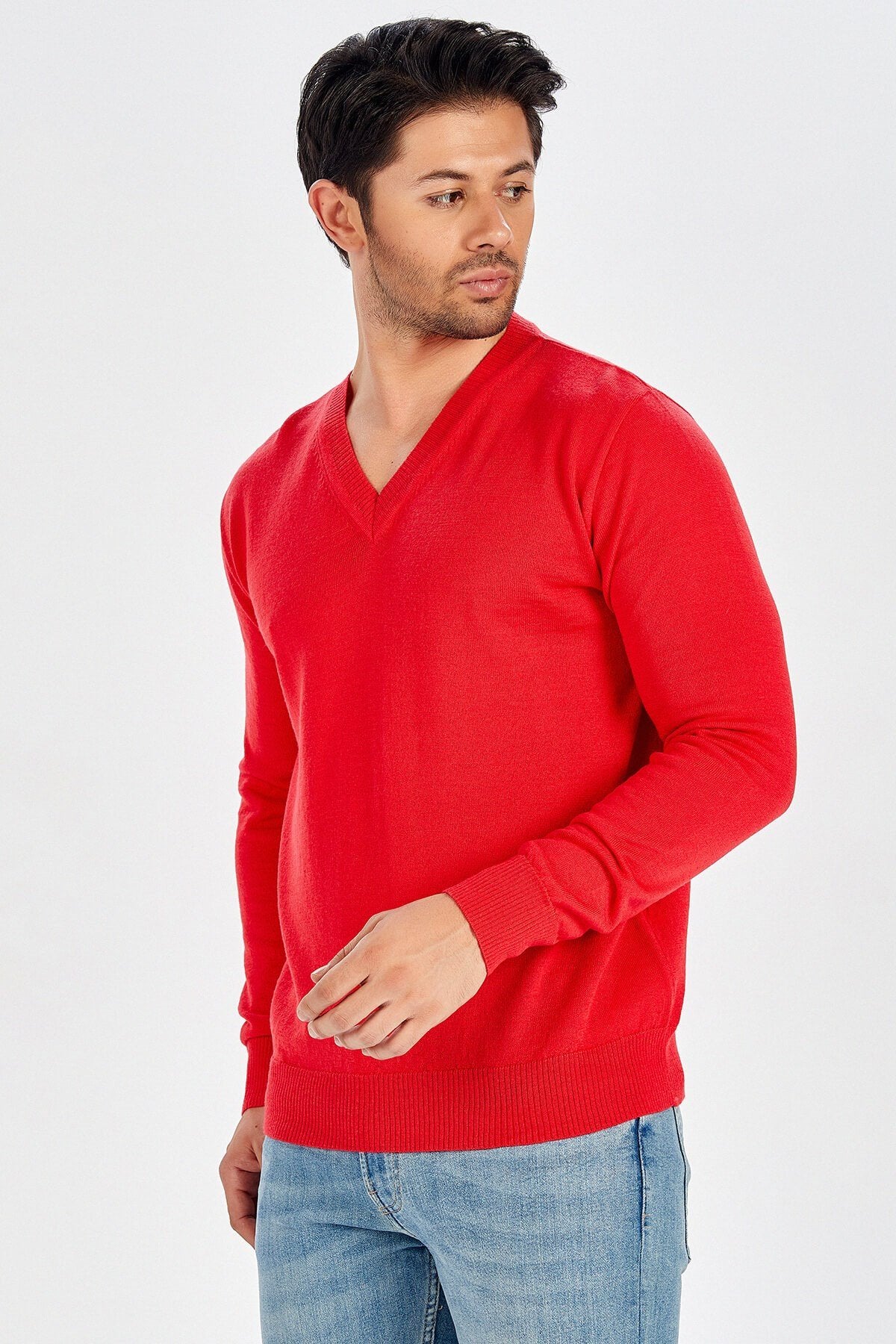 Peraluna-V Yaka Basic Erkek Kazak Kırmızı-Kazak & Triko-3-Milagron.com