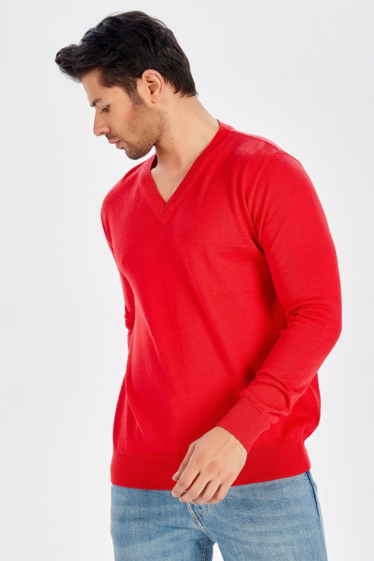 Peraluna-V Yaka Basic Erkek Kazak Kırmızı-Kazak & Triko-6-Milagron.com