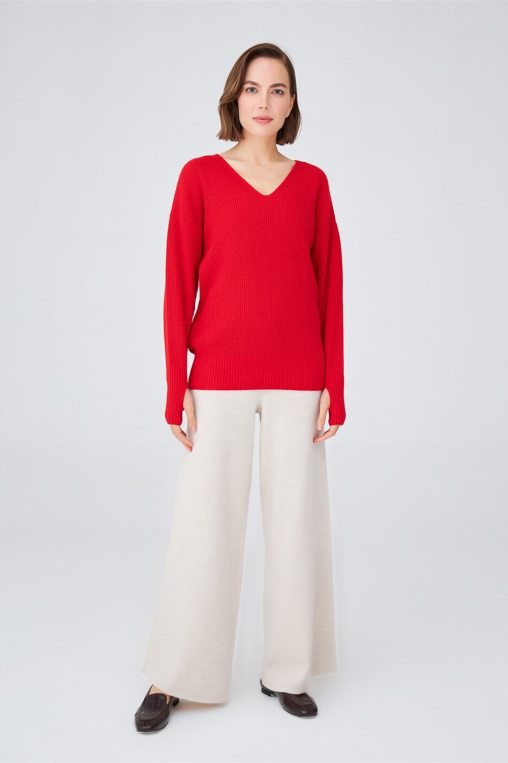 Peraluna-V Yaka Bol Kesim Kaşmir Karışım Kadın Triko Kazak-Kazak & Triko-1-Milagron.com