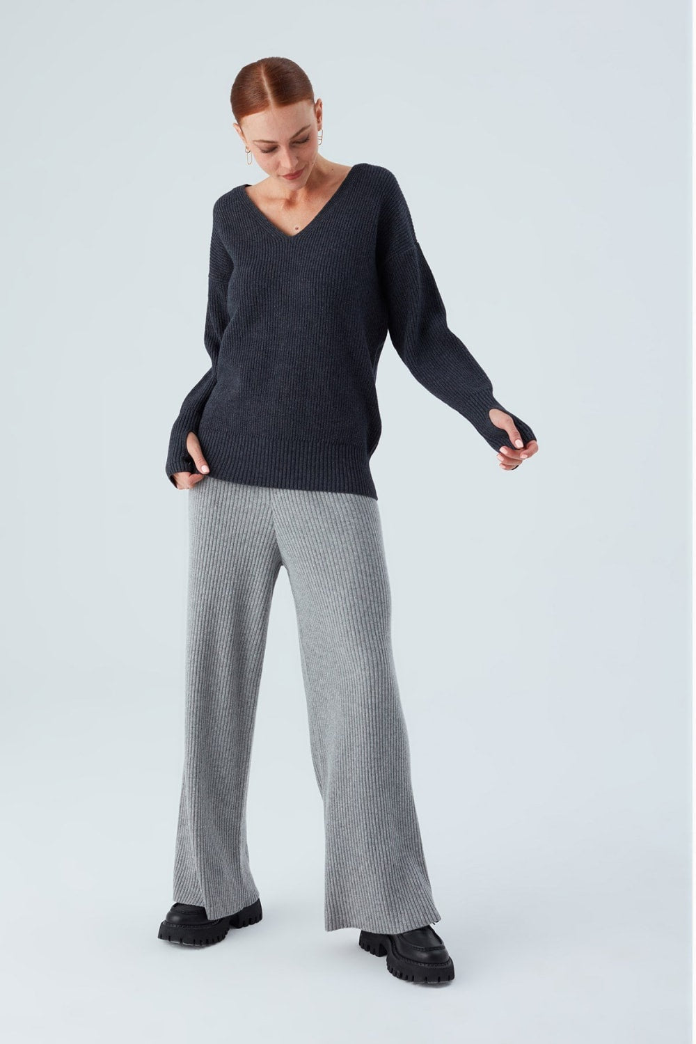 Peraluna-V Yaka Bol Kesim Kaşmir Karışım Kadın Triko Kazak-Kazak & Triko-10-Milagron.com