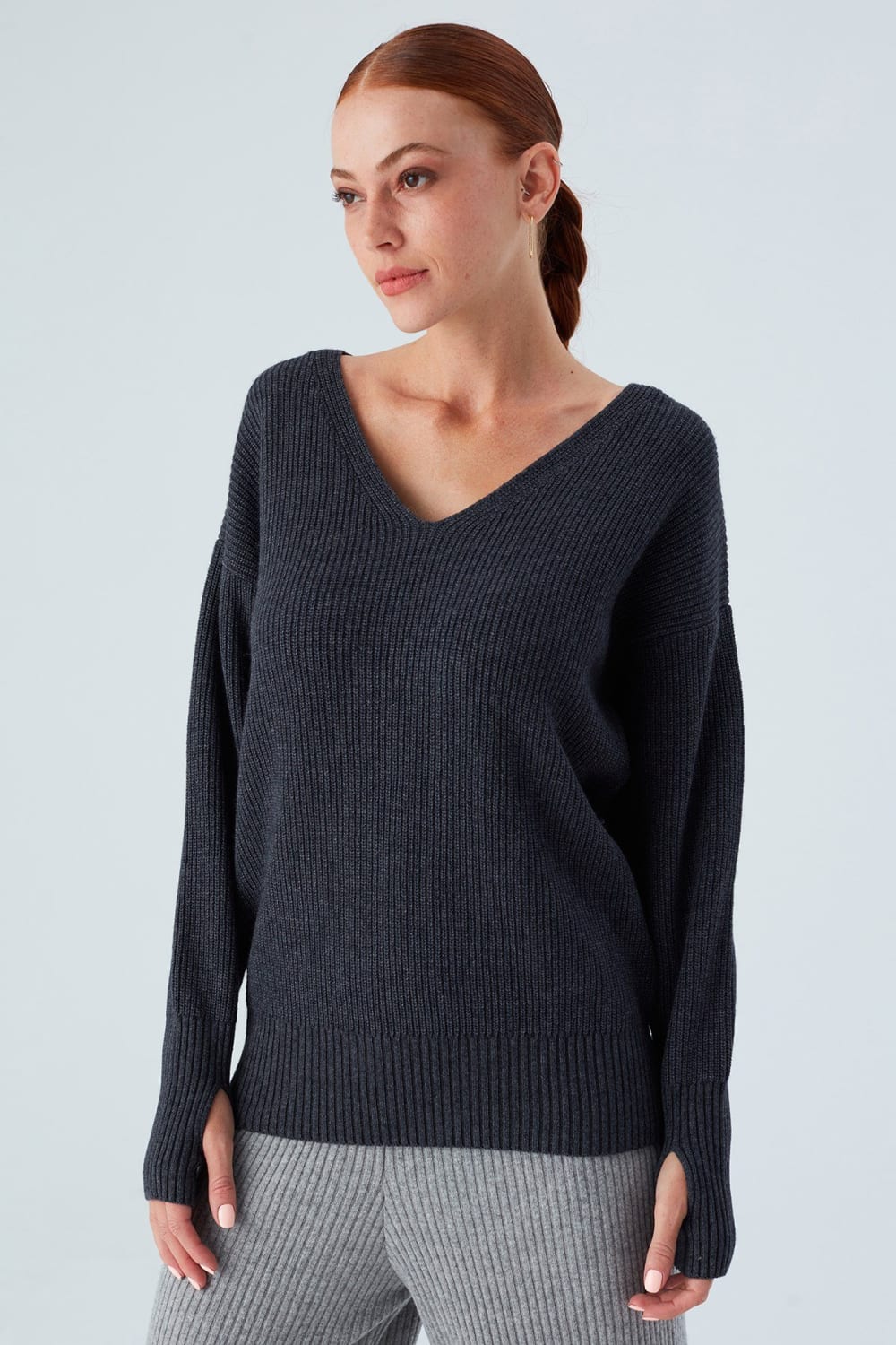 Peraluna-V Yaka Bol Kesim Kaşmir Karışım Kadın Triko Kazak-Kazak & Triko-11-Milagron.com