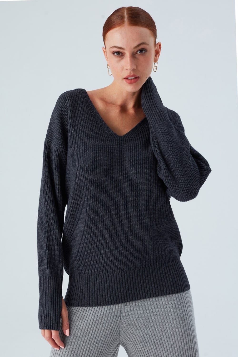 Peraluna-V Yaka Bol Kesim Kaşmir Karışım Kadın Triko Kazak-Kazak & Triko-12-Milagron.com