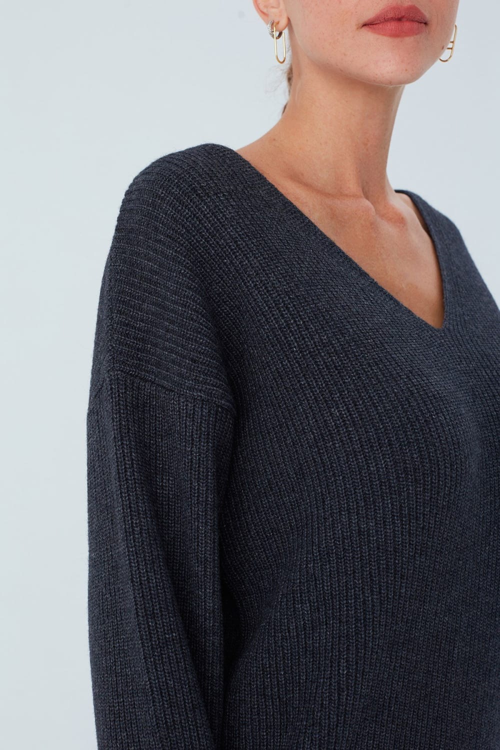 Peraluna-V Yaka Bol Kesim Kaşmir Karışım Kadın Triko Kazak-Kazak & Triko-14-Milagron.com