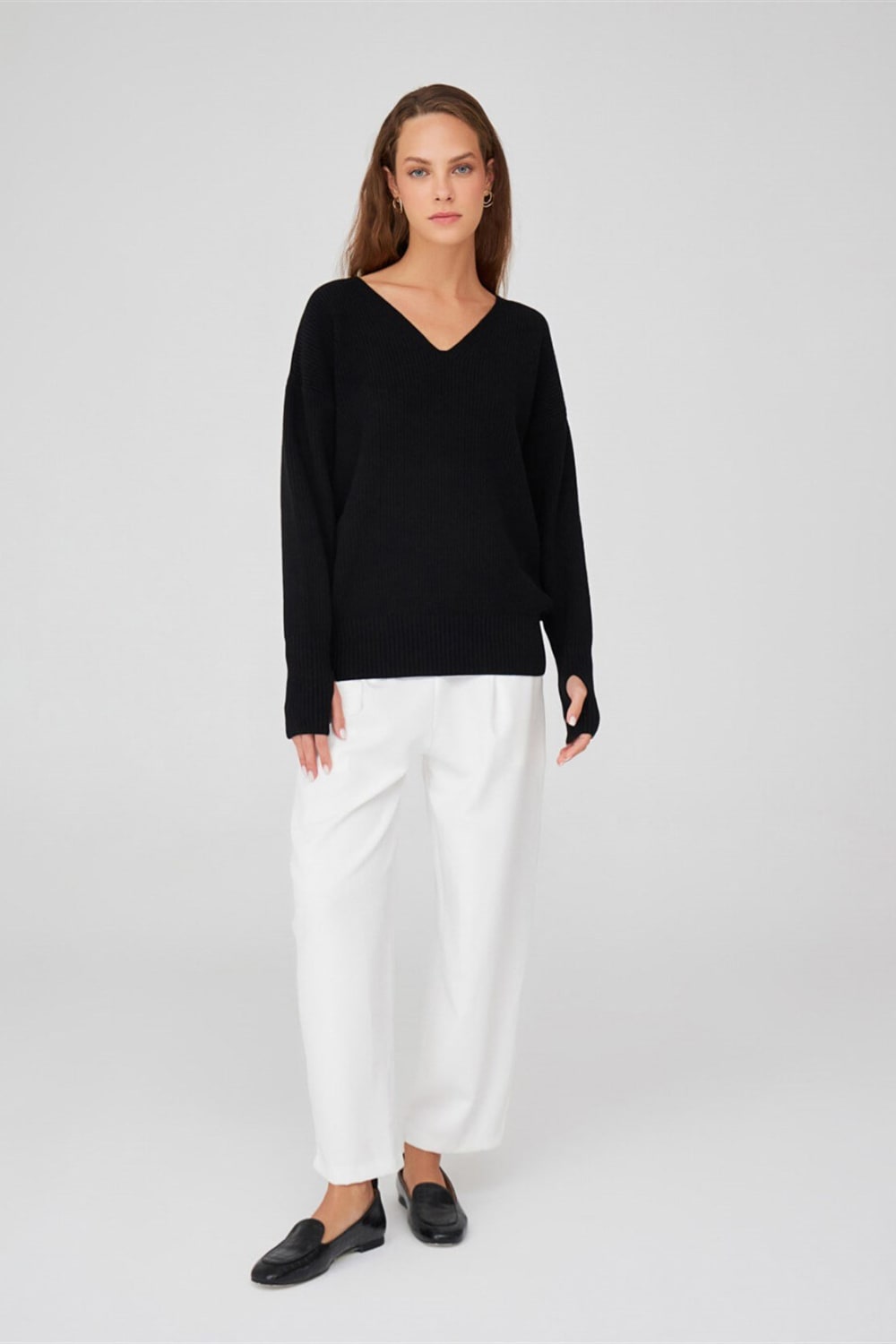 Peraluna-V Yaka Bol Kesim Kaşmir Karışım Kadın Triko Kazak-Kazak & Triko-17-Milagron.com