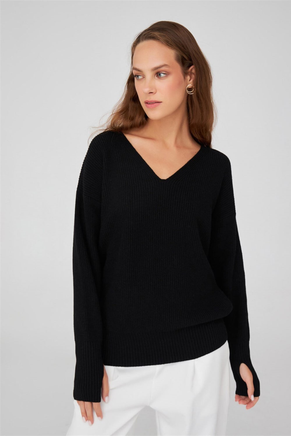 Peraluna-V Yaka Bol Kesim Kaşmir Karışım Kadın Triko Kazak-Kazak & Triko-18-Milagron.com