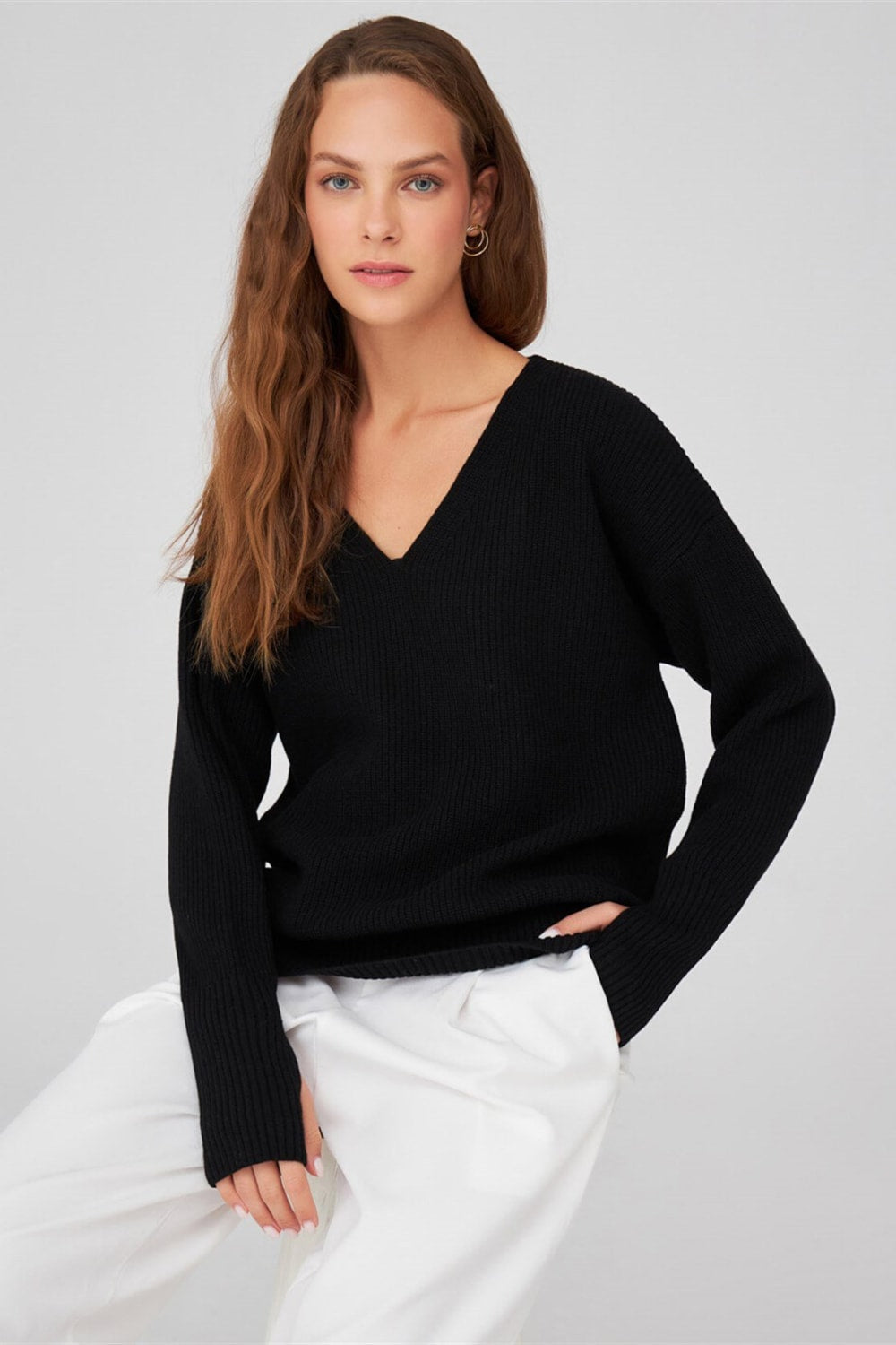 Peraluna-V Yaka Bol Kesim Kaşmir Karışım Kadın Triko Kazak-Kazak & Triko-19-Milagron.com