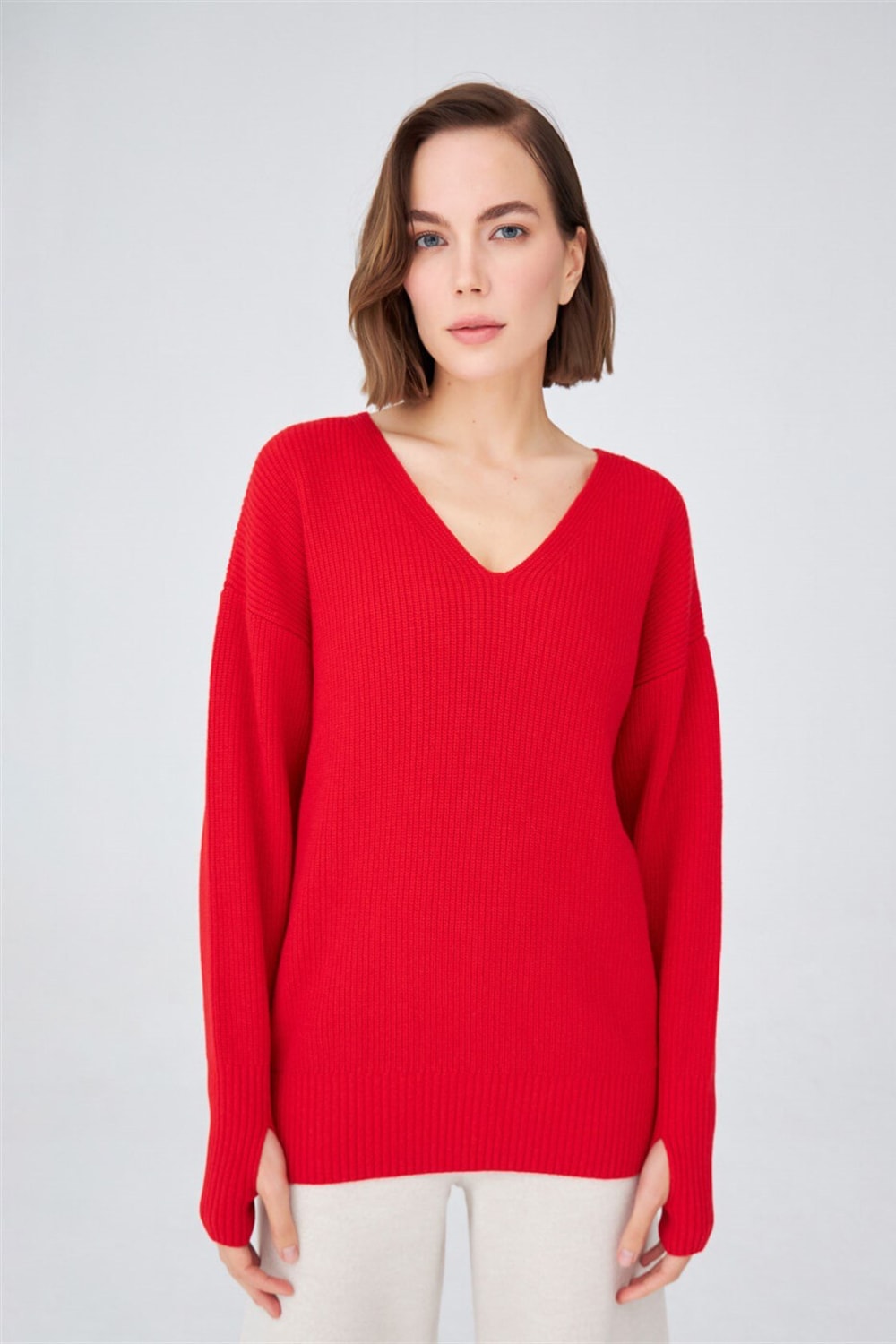Peraluna-V Yaka Bol Kesim Kaşmir Karışım Kadın Triko Kazak-Kazak & Triko-2-Milagron.com