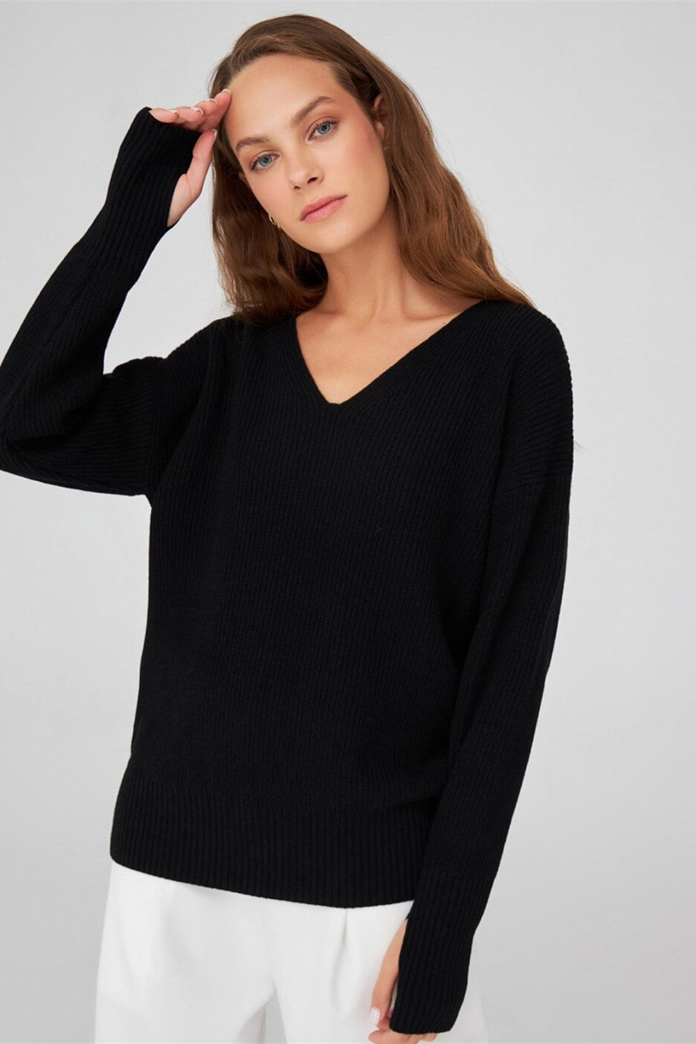 Peraluna-V Yaka Bol Kesim Kaşmir Karışım Kadın Triko Kazak-Kazak & Triko-20-Milagron.com