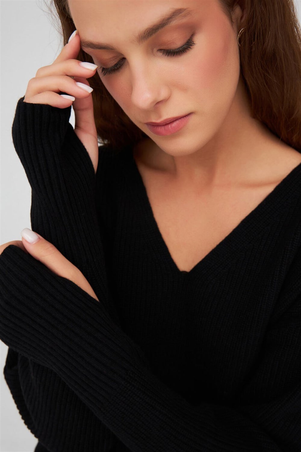 Peraluna-V Yaka Bol Kesim Kaşmir Karışım Kadın Triko Kazak-Kazak & Triko-21-Milagron.com