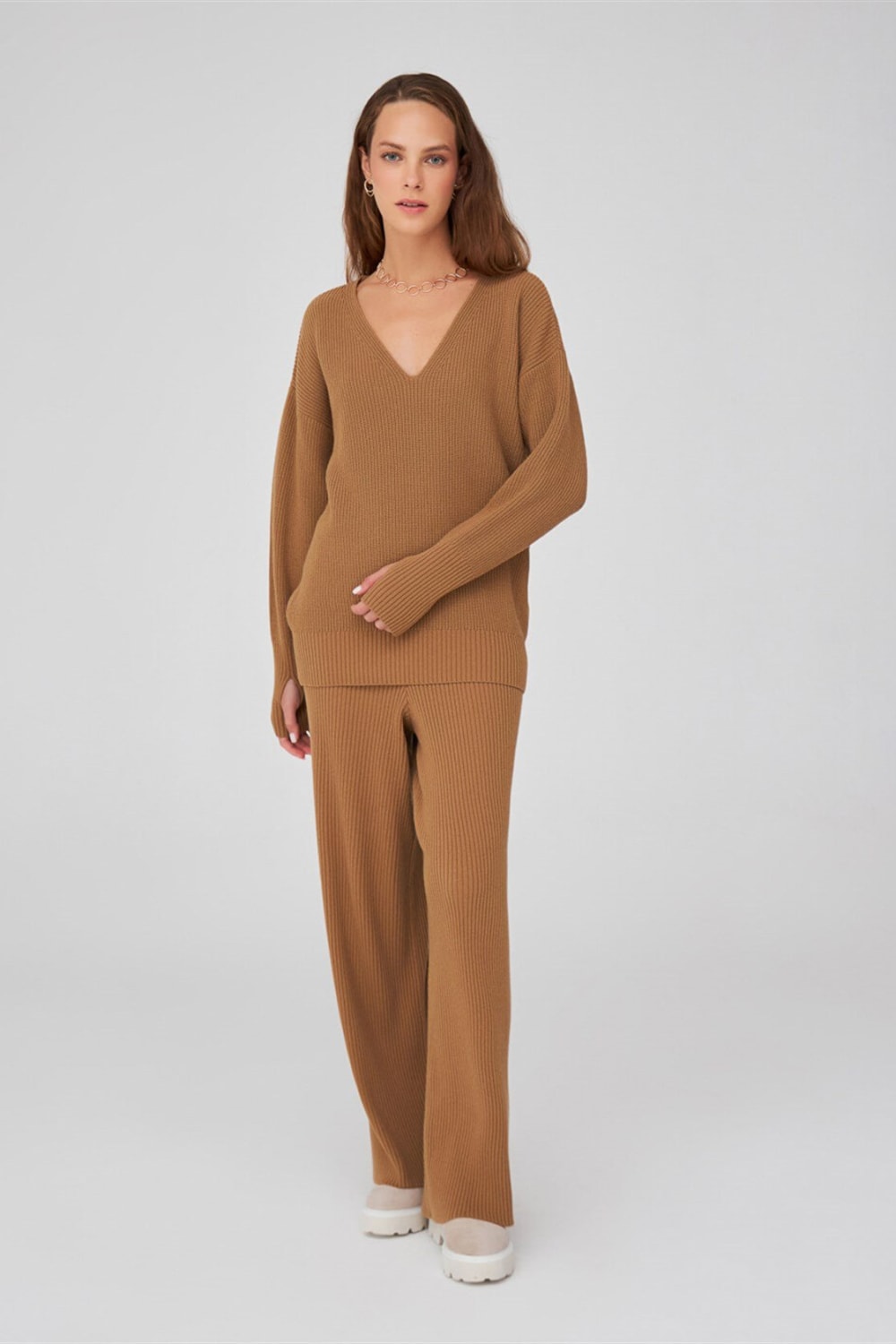 Peraluna-V Yaka Bol Kesim Kaşmir Karışım Kadın Triko Kazak-Kazak & Triko-24-Milagron.com