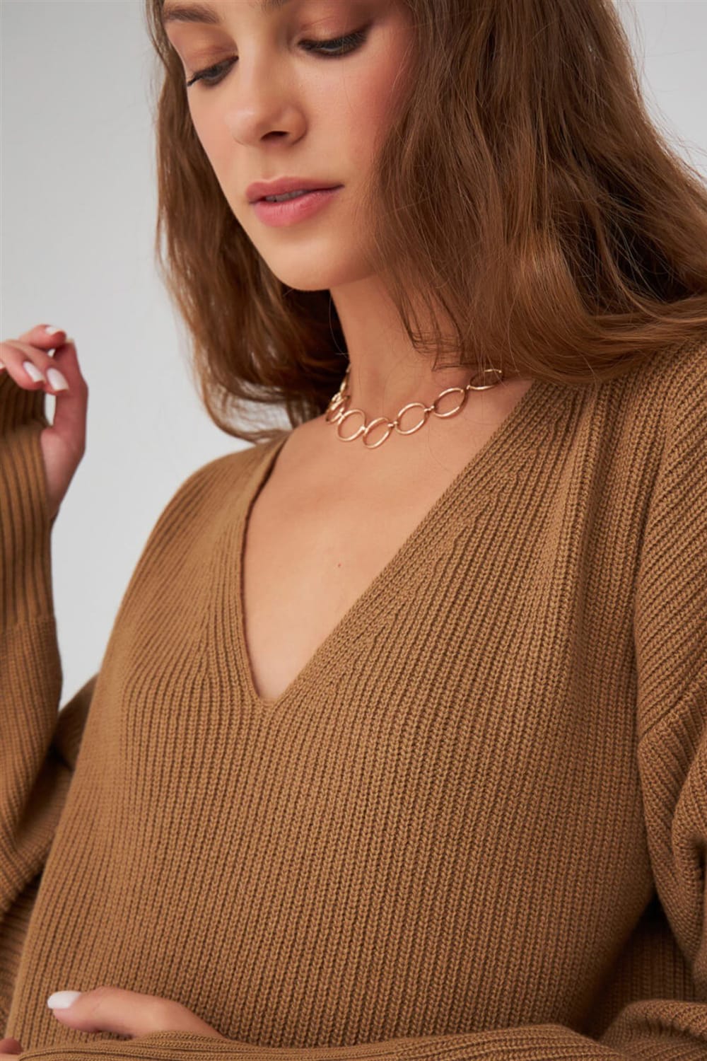 Peraluna-V Yaka Bol Kesim Kaşmir Karışım Kadın Triko Kazak-Kazak & Triko-25-Milagron.com