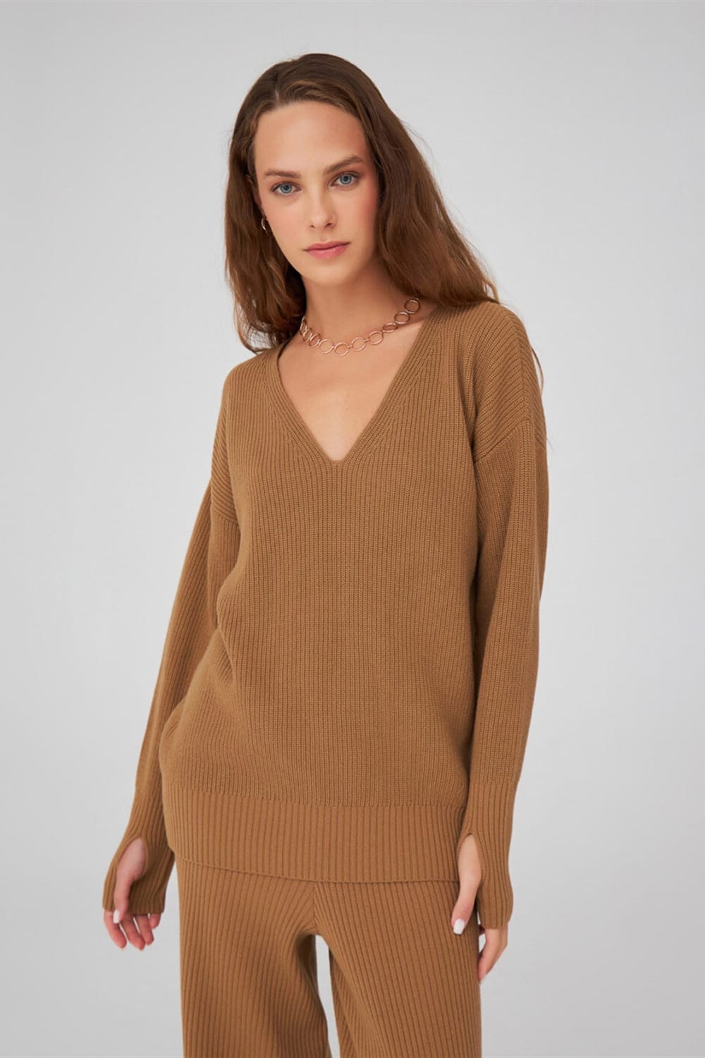 Peraluna-V Yaka Bol Kesim Kaşmir Karışım Kadın Triko Kazak-Kazak & Triko-26-Milagron.com