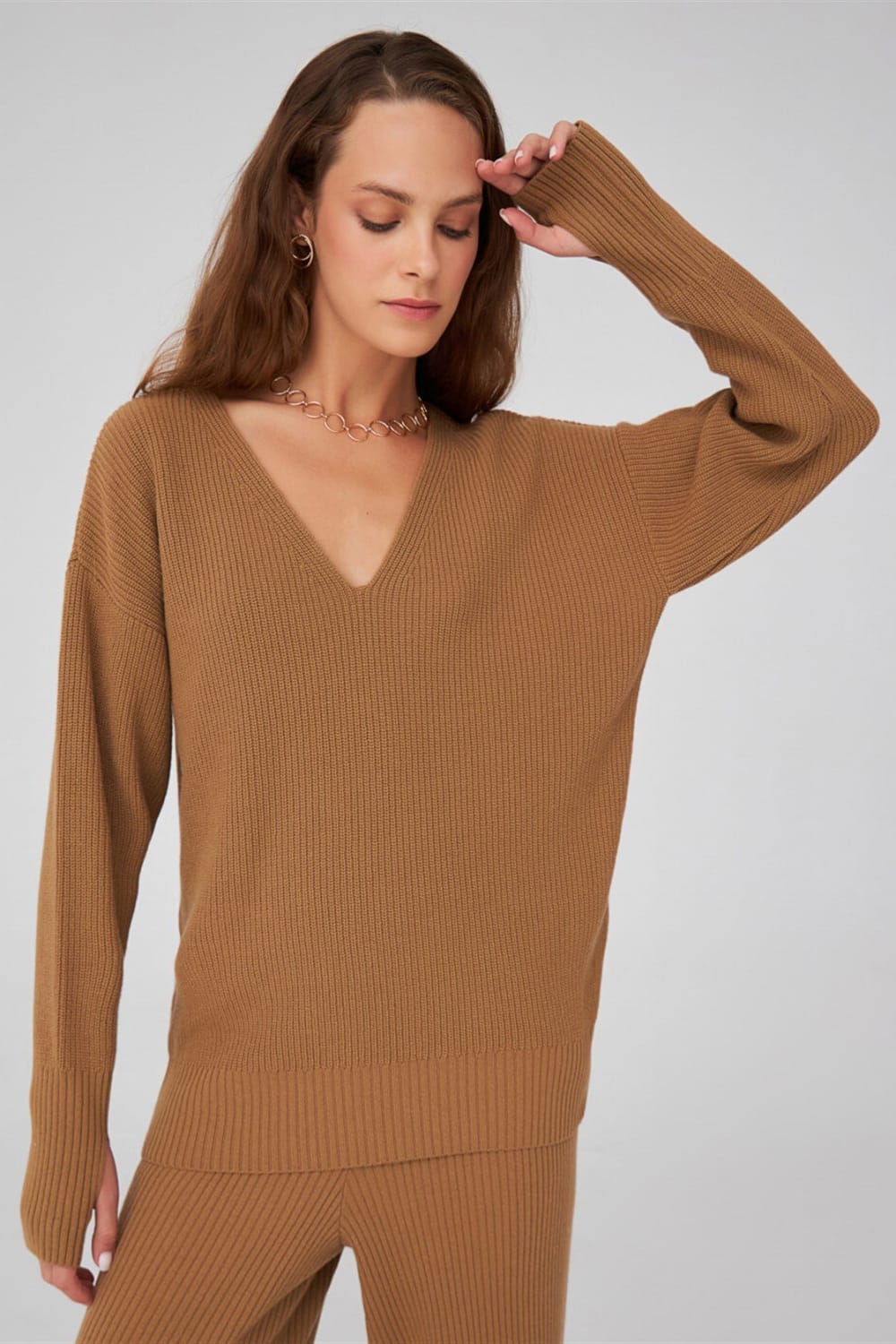 Peraluna-V Yaka Bol Kesim Kaşmir Karışım Kadın Triko Kazak-Kazak & Triko-27-Milagron.com