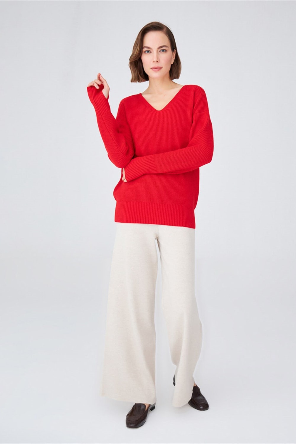 Peraluna-V Yaka Bol Kesim Kaşmir Karışım Kadın Triko Kazak-Kazak & Triko-3-Milagron.com