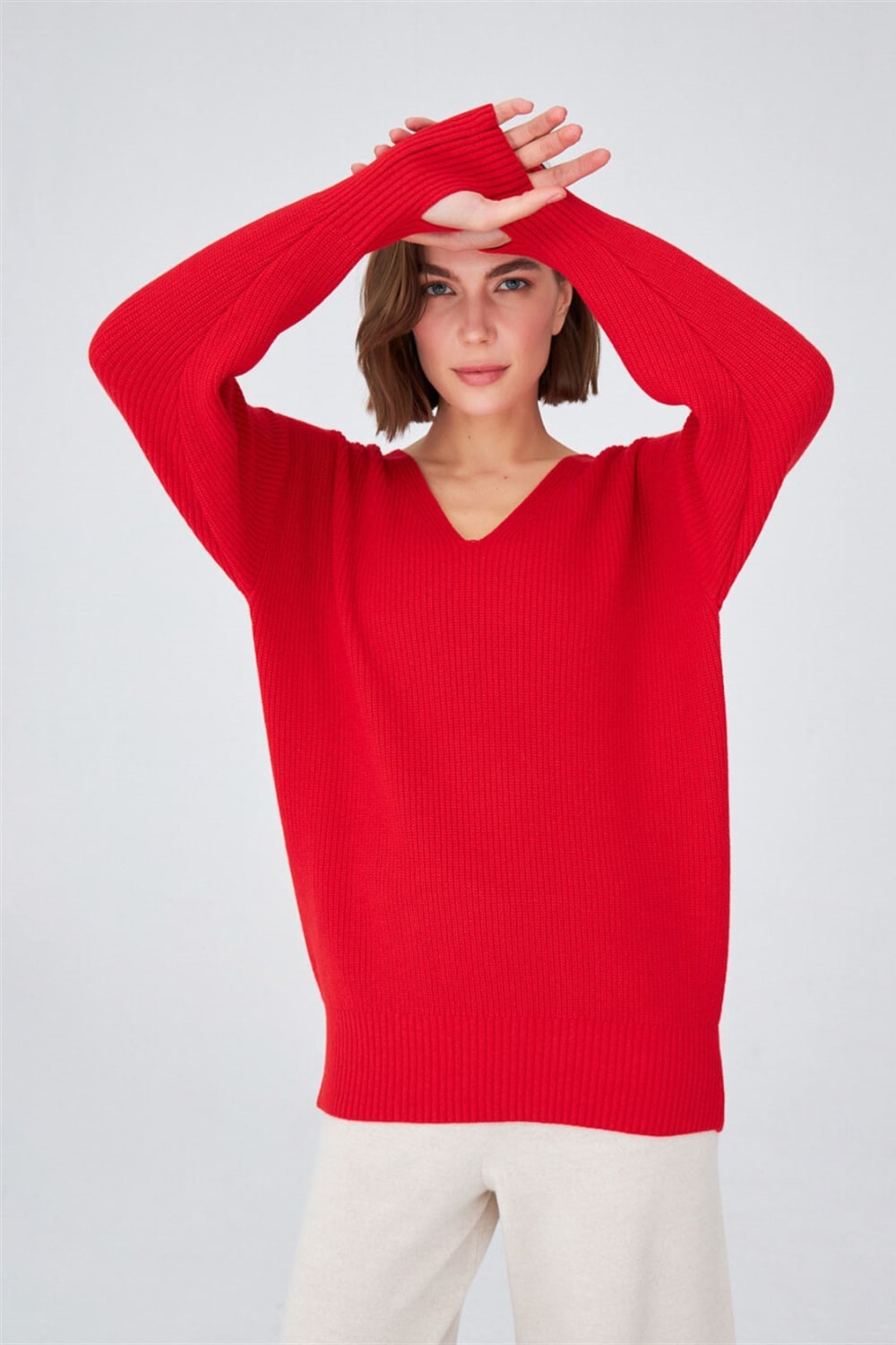 Peraluna-V Yaka Bol Kesim Kaşmir Karışım Kadın Triko Kazak-Kazak & Triko-5-Milagron.com