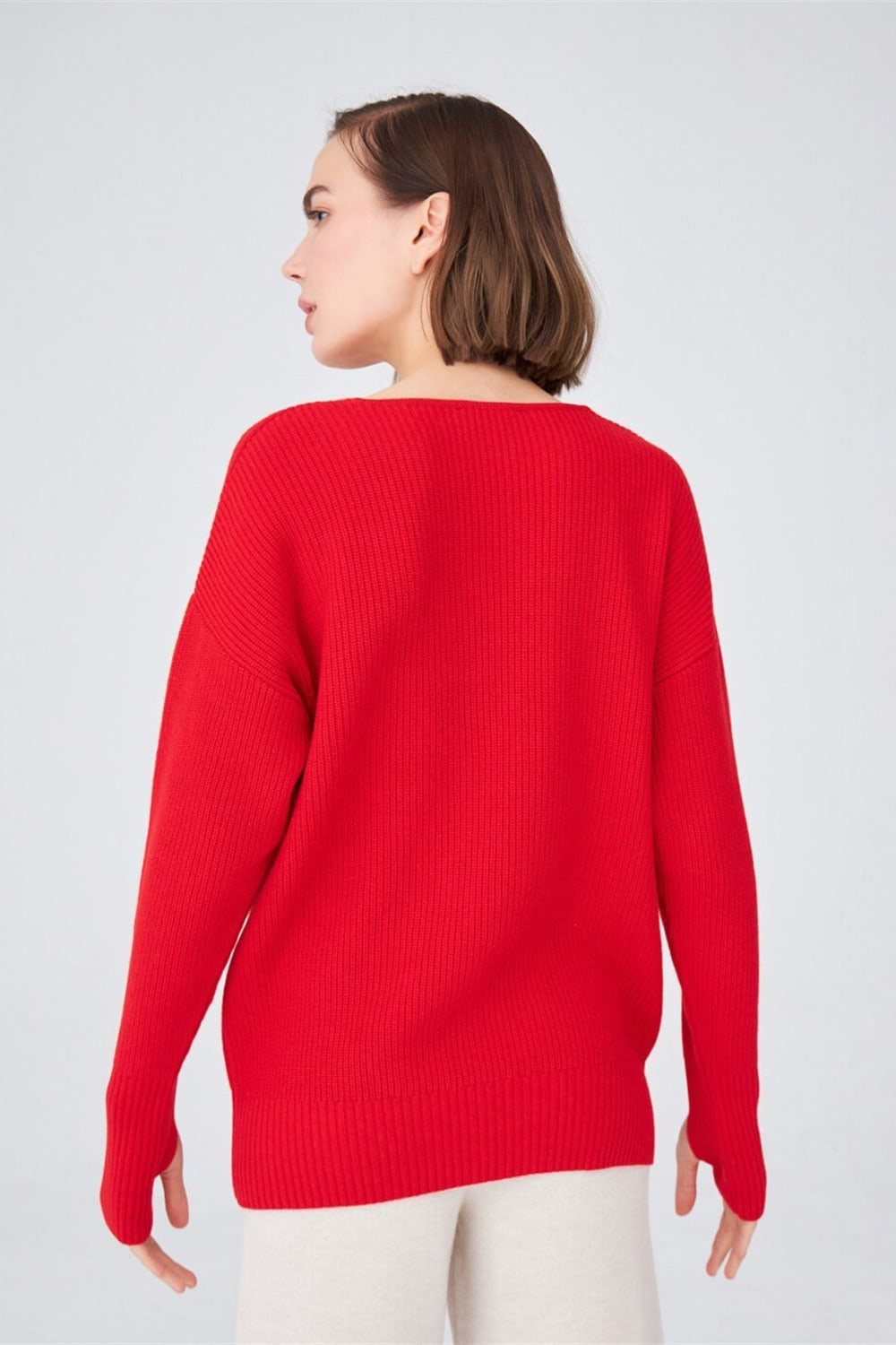 Peraluna-V Yaka Bol Kesim Kaşmir Karışım Kadın Triko Kazak-Kazak & Triko-6-Milagron.com