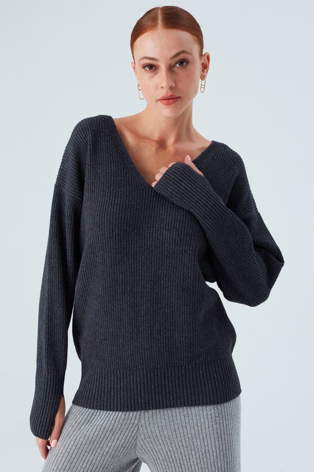 Peraluna-V Yaka Bol Kesim Kaşmir Karışım Kadın Triko Kazak-Kazak & Triko-8-Milagron.com