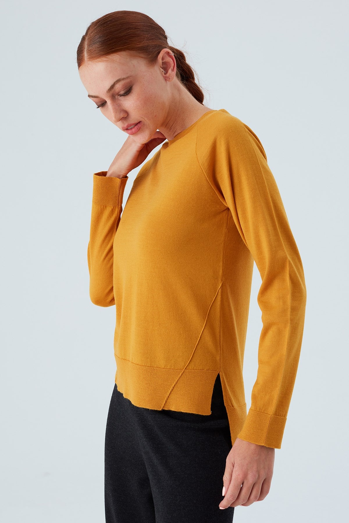 Peraluna Vanessa Pullover Merino Yünlü Yanları Yırtmaçlı Ince Kadın Triko Kazak - Sarı
