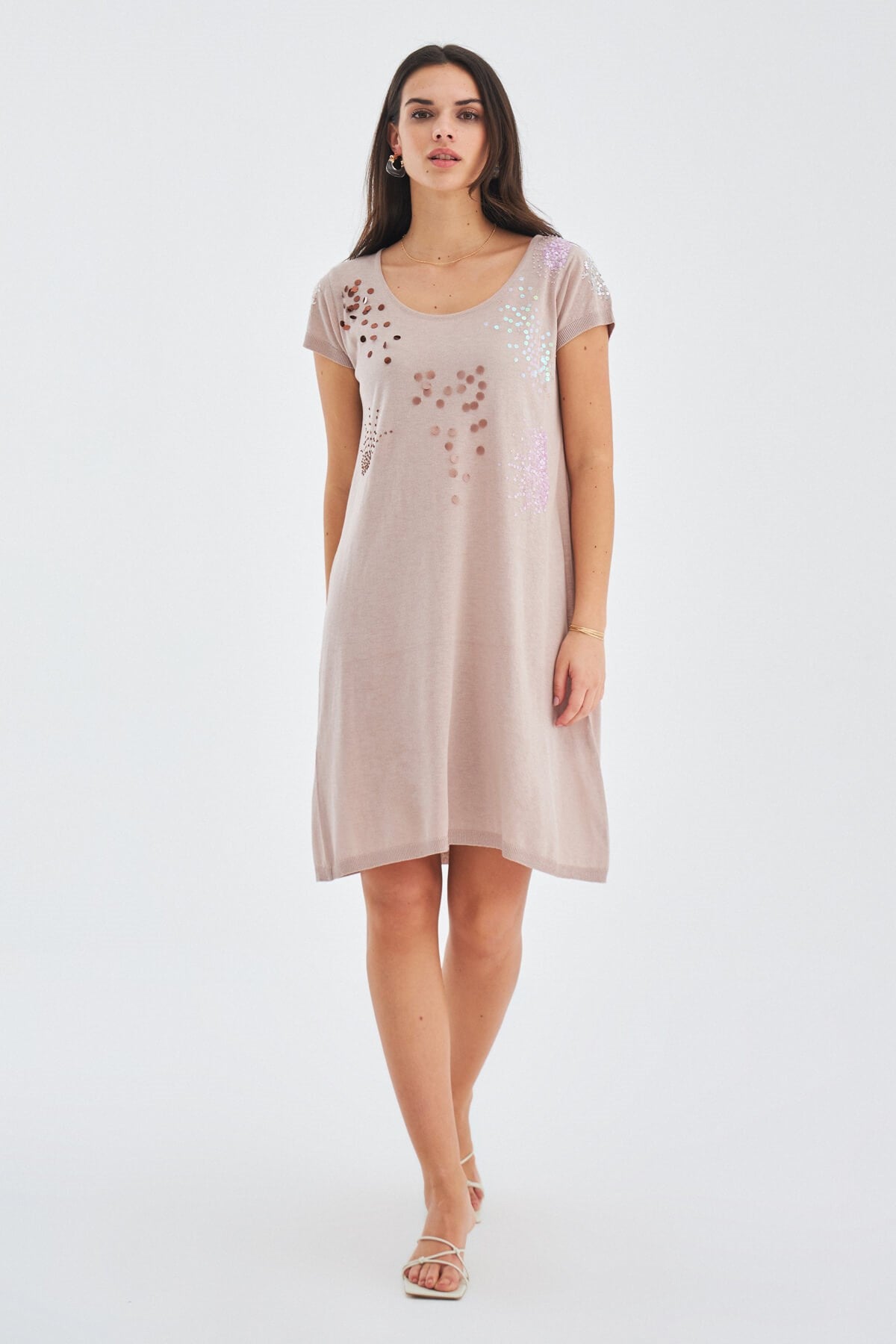 Peraluna-Yazlık Boncuk İşlemeli İnce Elbise Bej-Elbise-1-Milagron.com