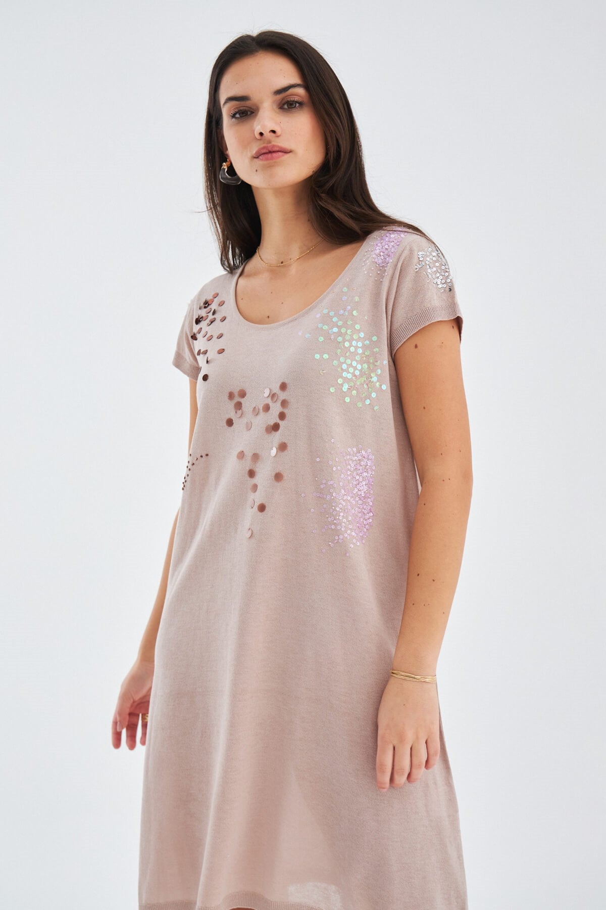 Peraluna-Yazlık Boncuk İşlemeli İnce Elbise Bej-Elbise-5-Milagron.com