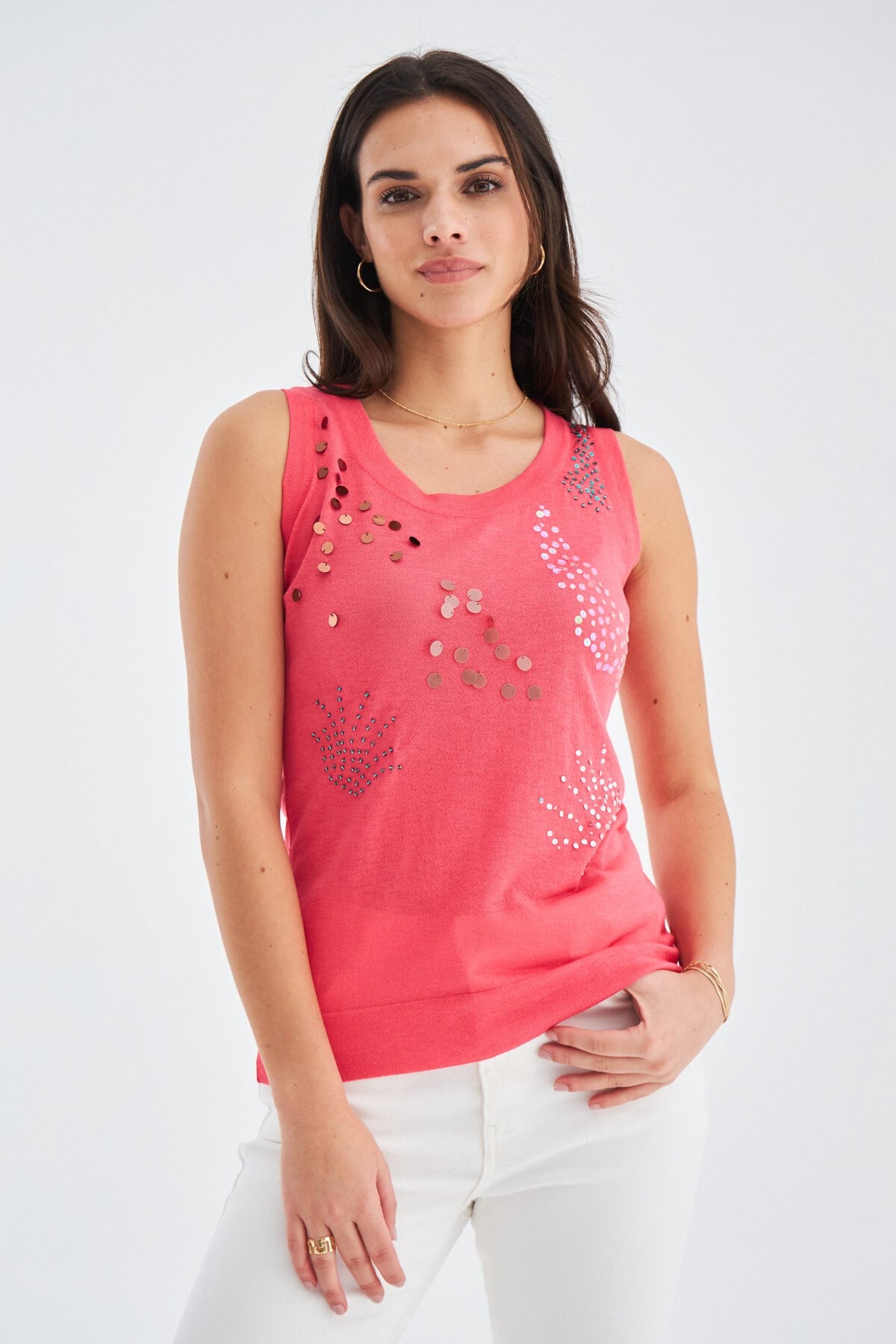 Peraluna-Yazlık İnce Pul İşlemeli Kadın Triko Bluz Bej-Bluz-2-Milagron.com