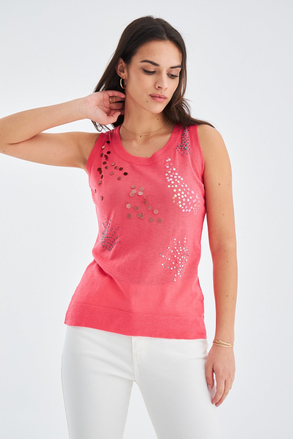 Peraluna-Yazlık İnce Pul İşlemeli Kadın Triko Bluz Bej-Bluz-5-Milagron.com