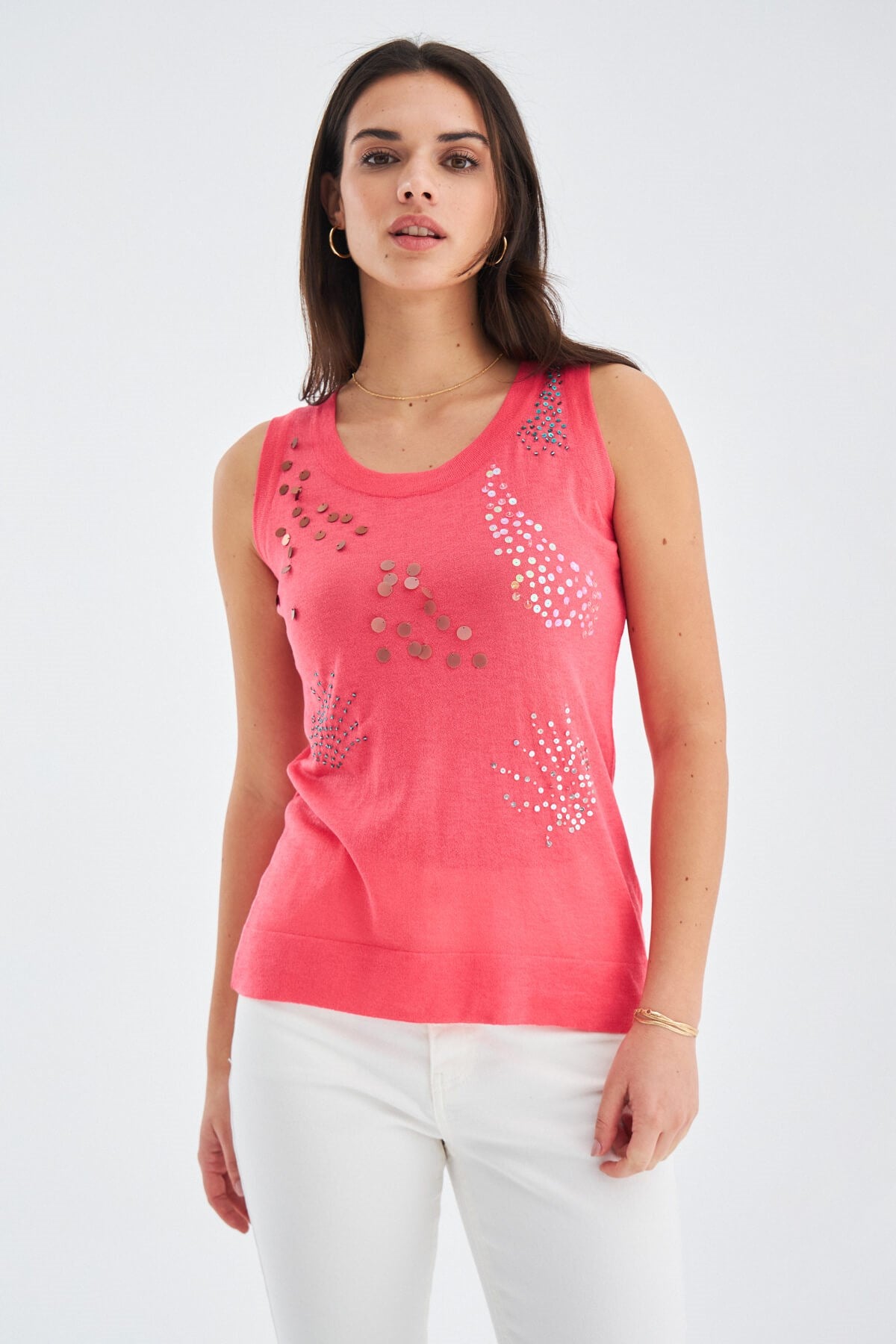 Peraluna-Yazlık İnce Pul İşlemeli Kadın Triko Bluz Bej-Bluz-6-Milagron.com