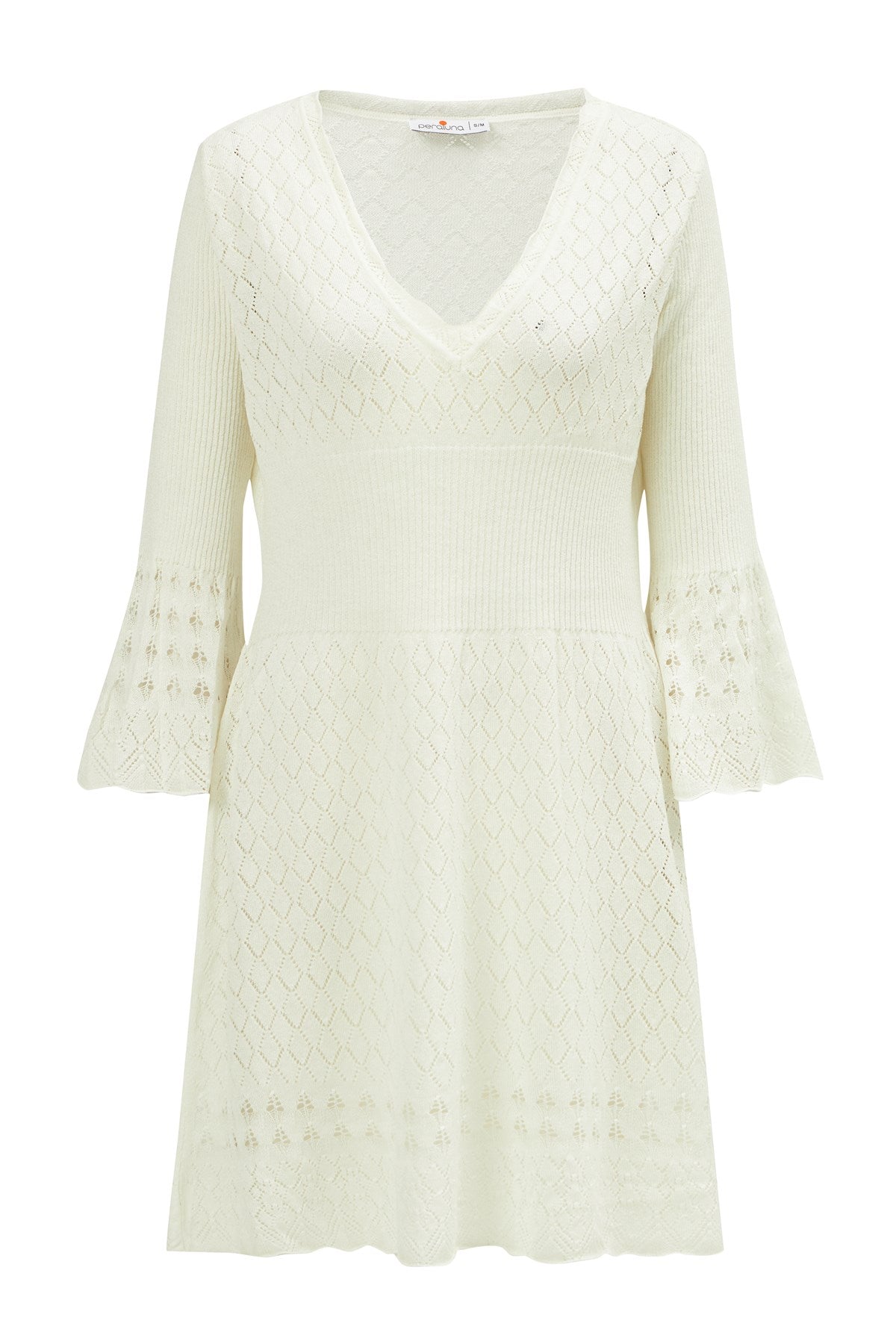 Peraluna-Yoho Dress Ajurlu V Yaka Diz Hizası Yazlık Kadın Triko Elbise Ekru-Elbise-9-Milagron.com
