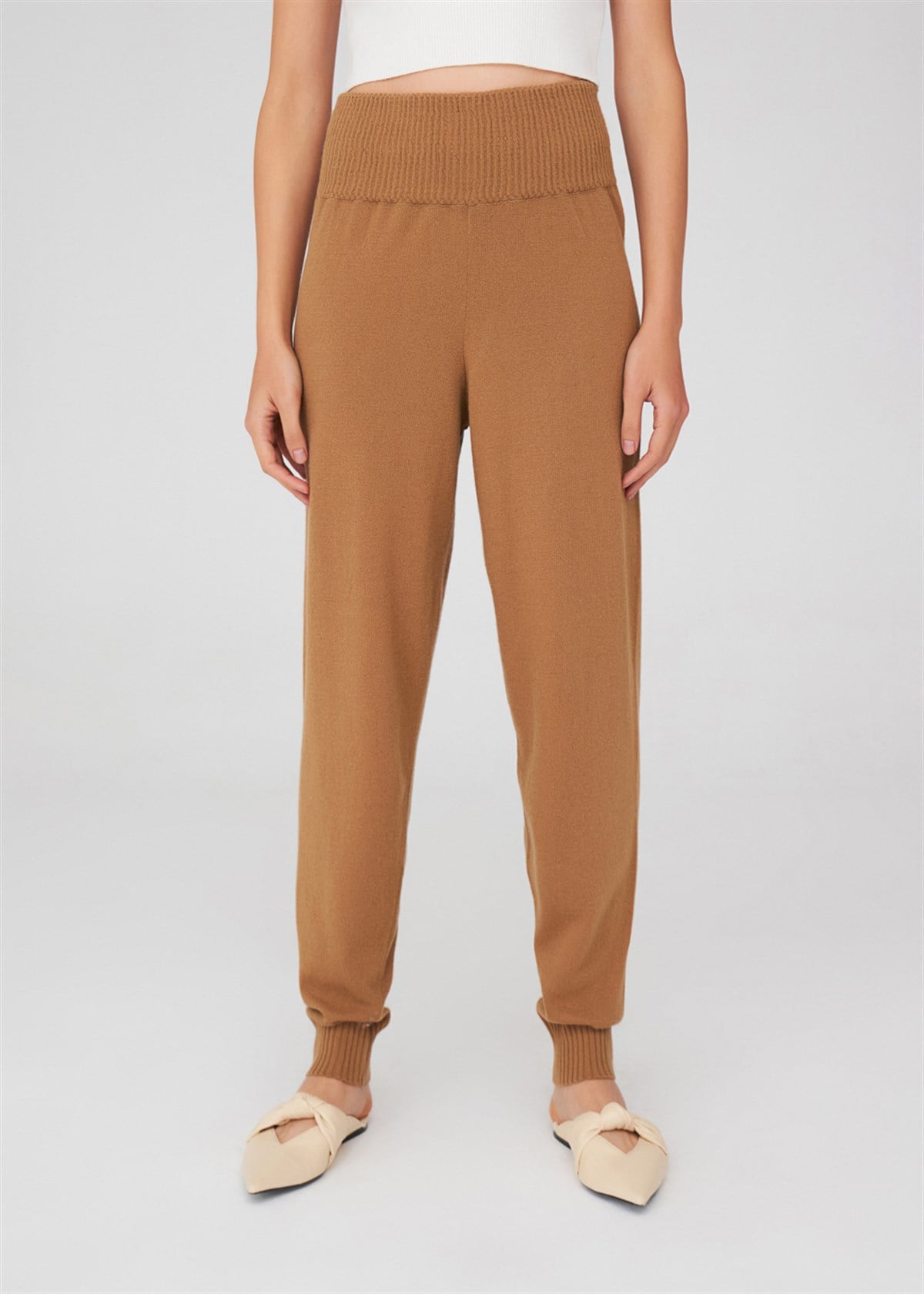 Peraluna Yüksek Bel Dar Paça Kaşmir Karışım Fit Kadın Triko Pantolon - Camel