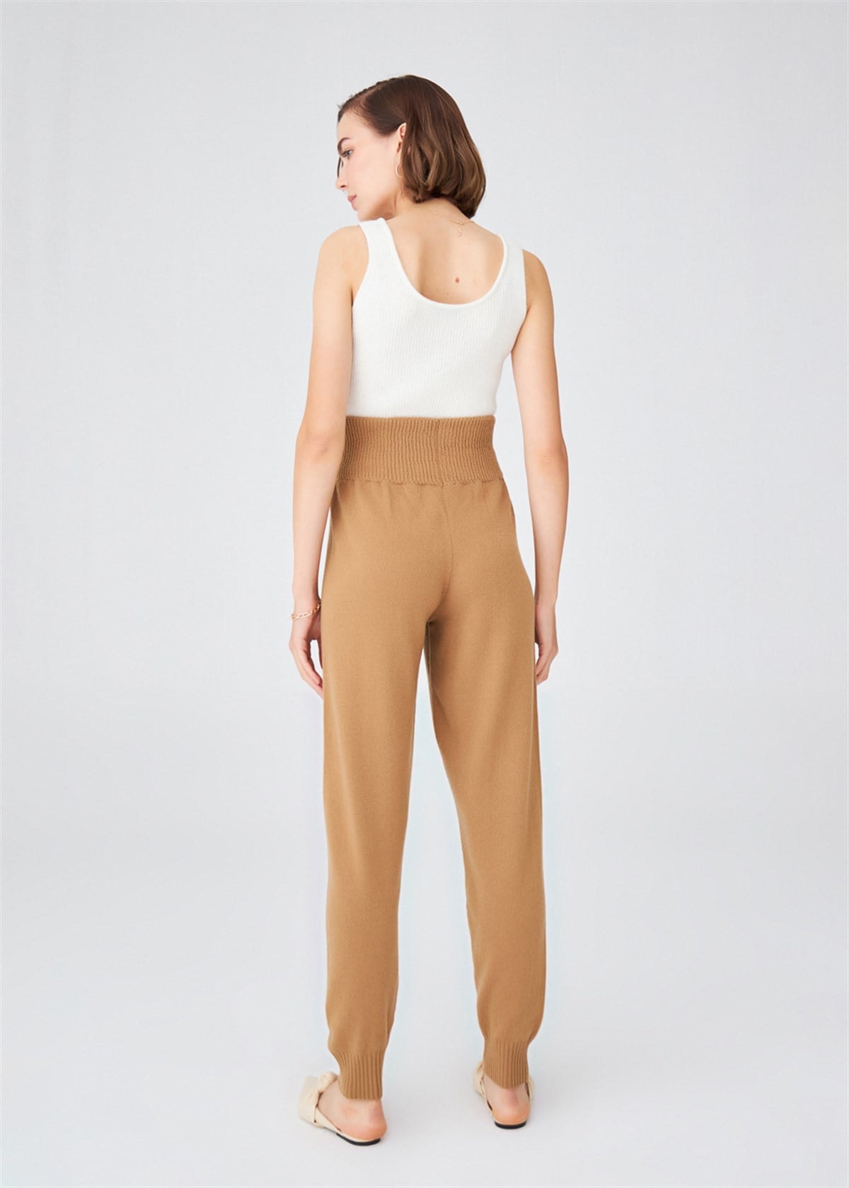 Peraluna Yüksek Bel Dar Paça Kaşmir Karışım Fit Kadın Triko Pantolon - Camel