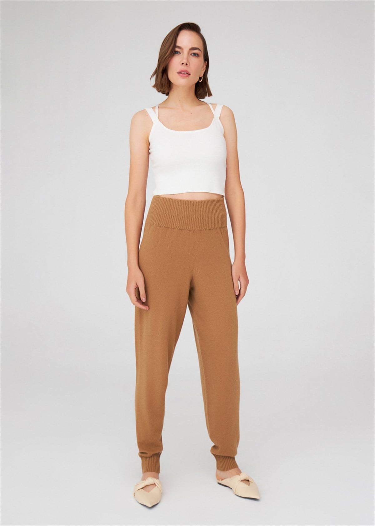 Peraluna Yüksek Bel Dar Paça Kaşmir Karışım Fit Kadın Triko Pantolon - Camel