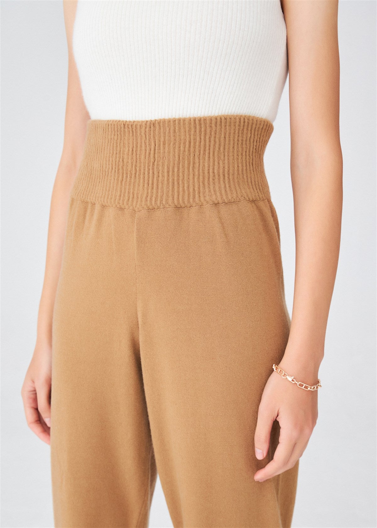 Peraluna Yüksek Bel Dar Paça Kaşmir Karışım Fit Kadın Triko Pantolon - Camel