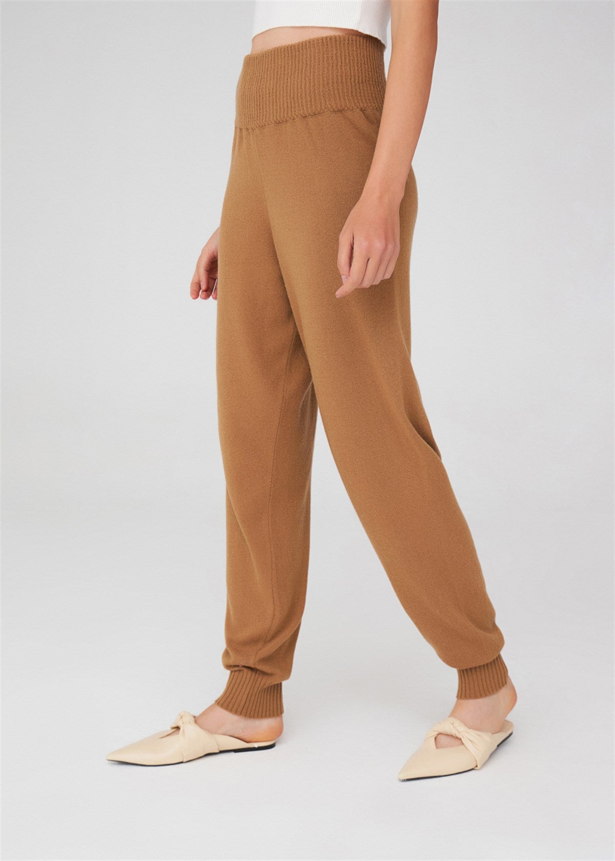 Peraluna Yüksek Bel Dar Paça Kaşmir Karışım Fit Kadın Triko Pantolon - Camel
