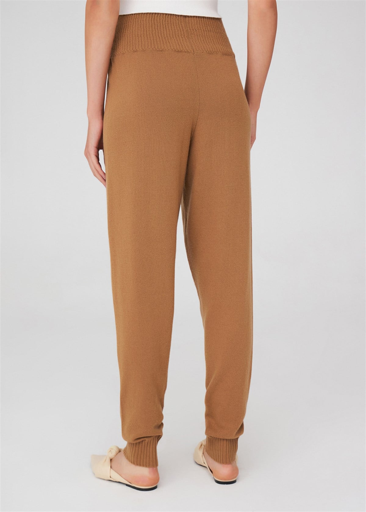 Peraluna Yüksek Bel Dar Paça Kaşmir Karışım Fit Kadın Triko Pantolon - Camel
