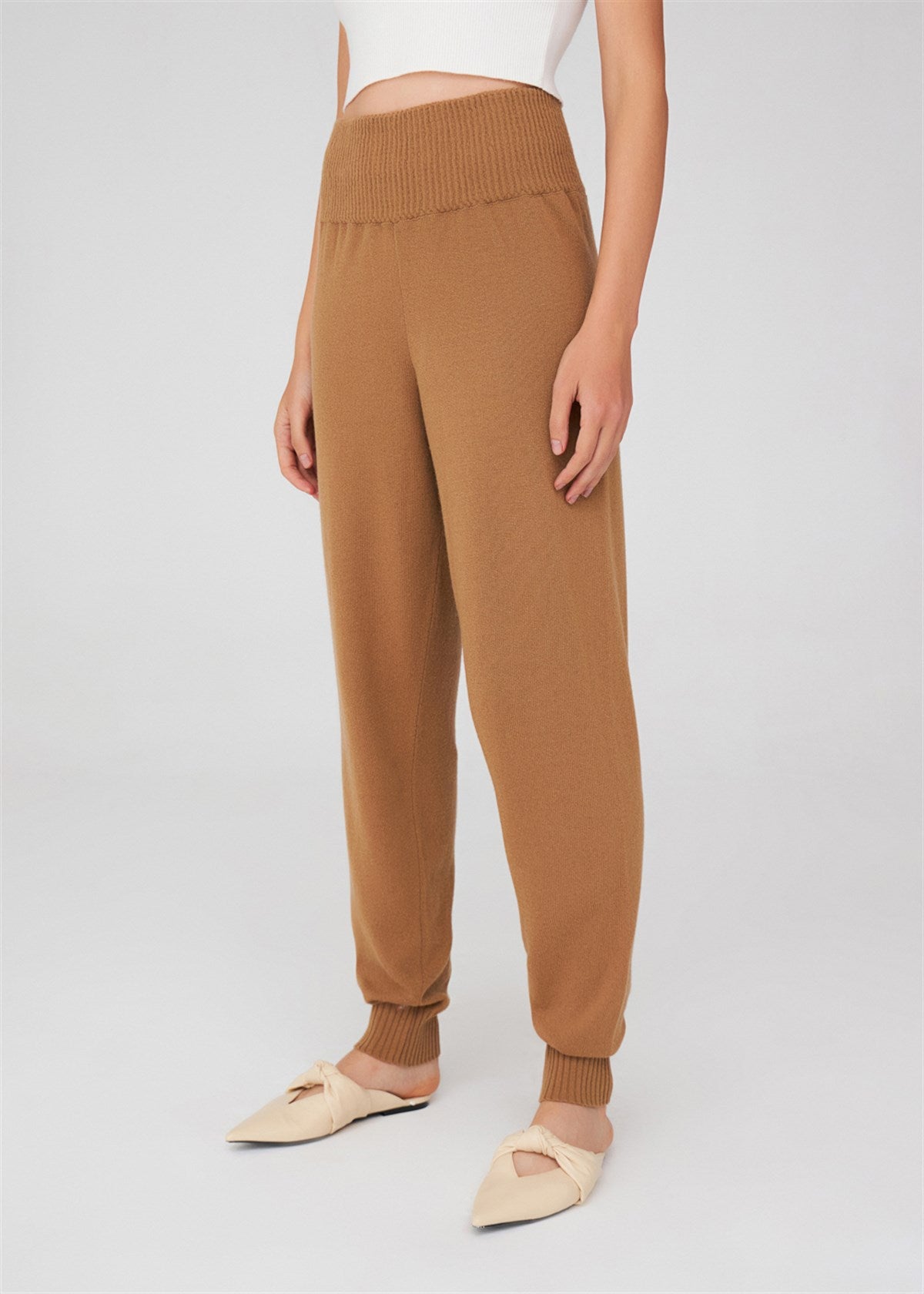Peraluna Yüksek Bel Dar Paça Kaşmir Karışım Fit Kadın Triko Pantolon - Camel