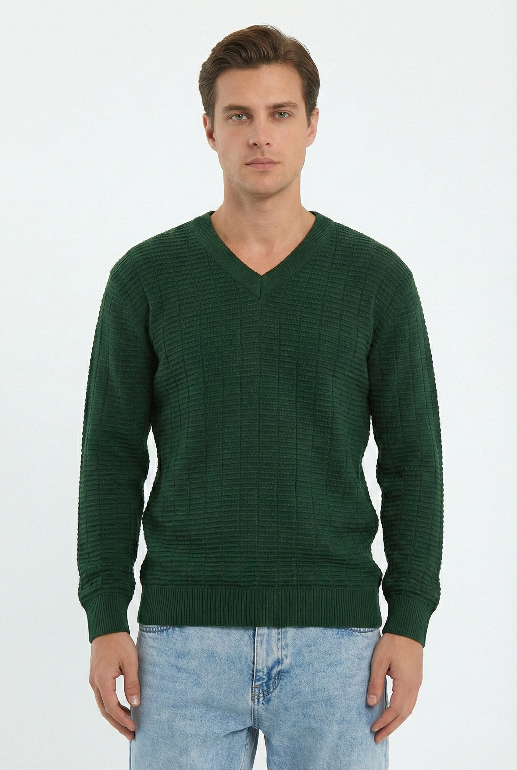 Peraluna Zacha 'V Neck' Neck Pullover Üç Boyut Çizgili Mevsimlik Erkek Triko Kazak - Yeşil