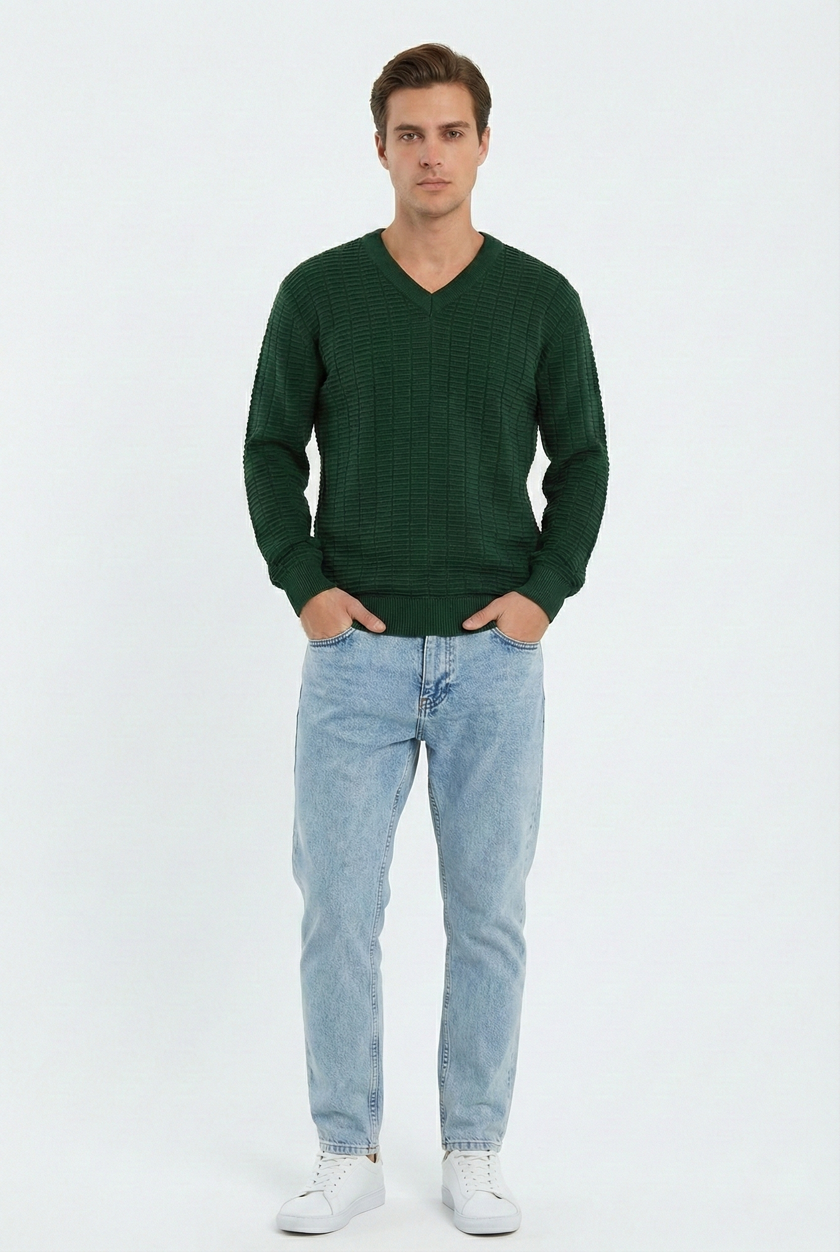 Peraluna Zacha 'V Neck' Neck Pullover Üç Boyut Çizgili Mevsimlik Erkek Triko Kazak - Yeşil