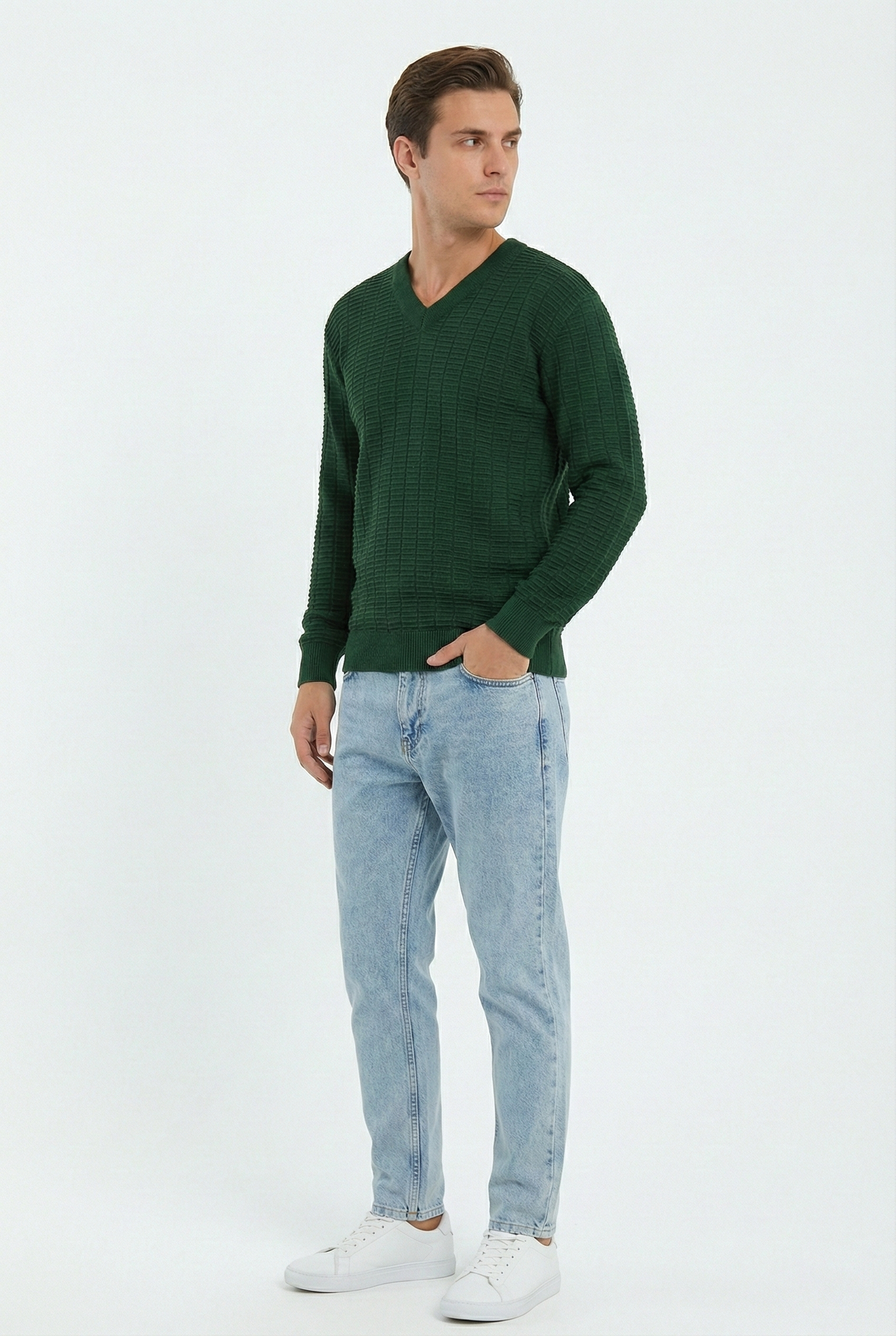 Peraluna Zacha 'V Neck' Neck Pullover Üç Boyut Çizgili Mevsimlik Erkek Triko Kazak - Yeşil
