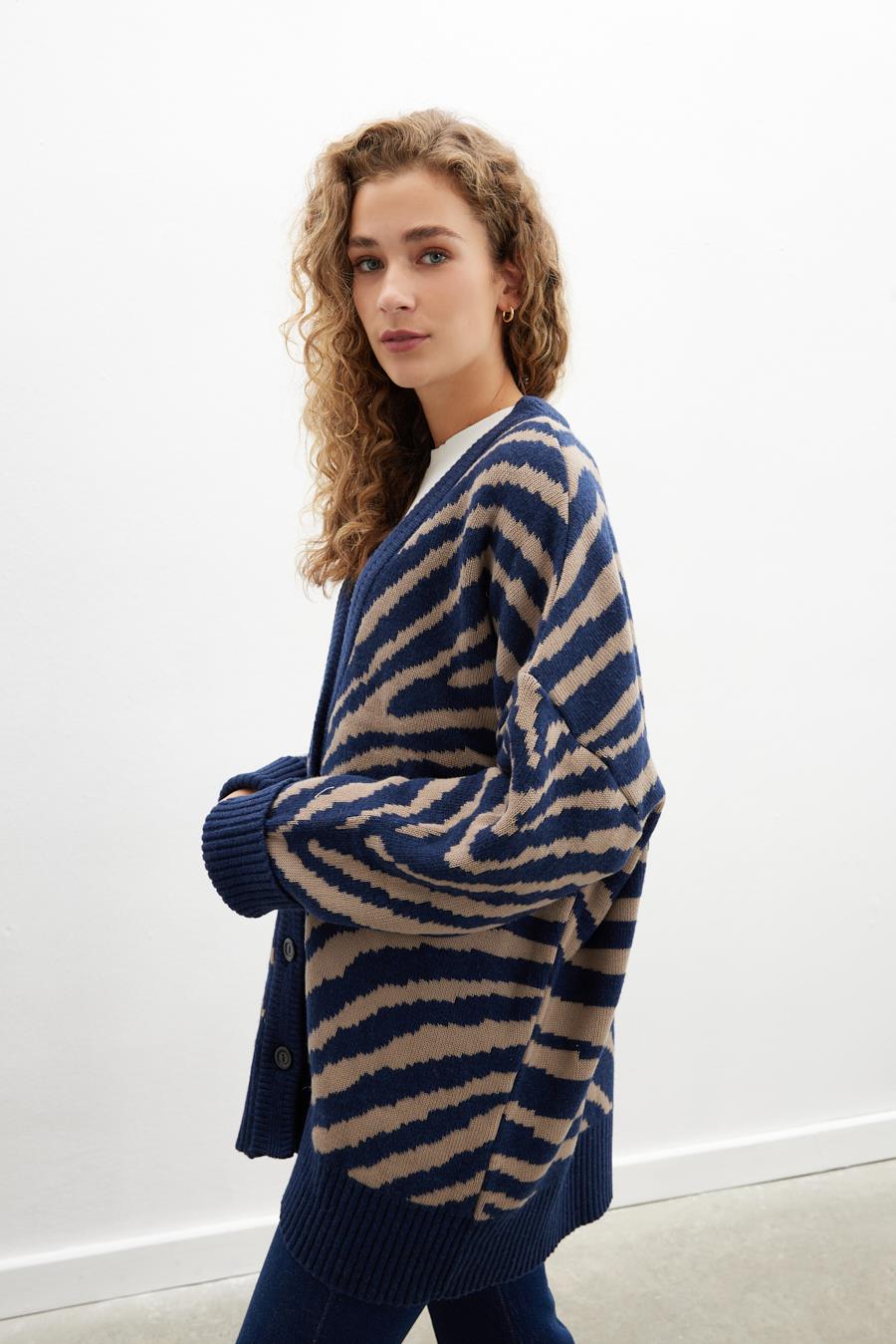 Peraluna Zebra Cardigan V Yaka Zebra Desen Organik Pamuk-Yün Karışım Geniş Kesim Kadın Triko Hırka - Lacivert