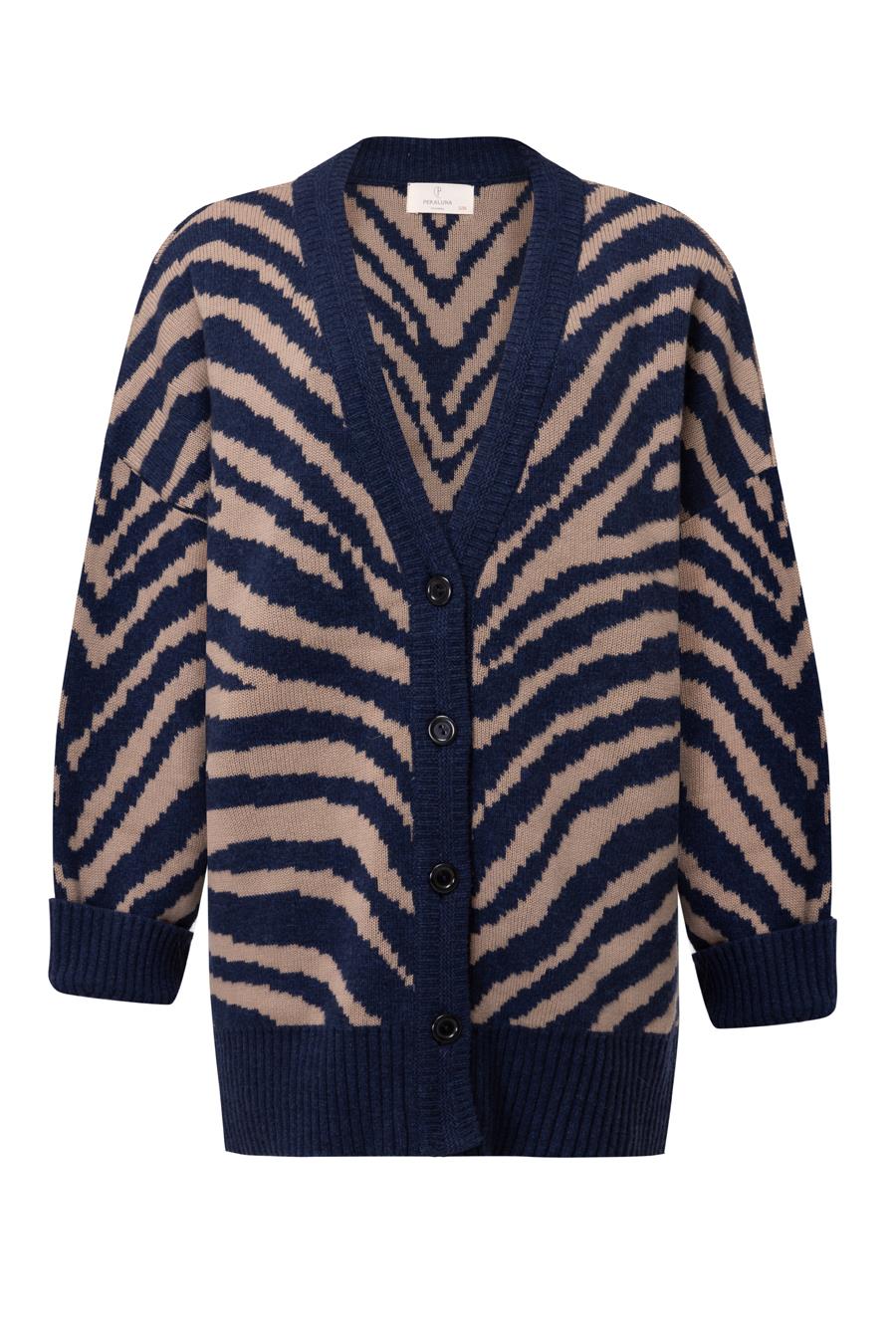 Peraluna Zebra Cardigan V Yaka Zebra Desen Organik Pamuk-Yün Karışım Geniş Kesim Kadın Triko Hırka - Lacivert