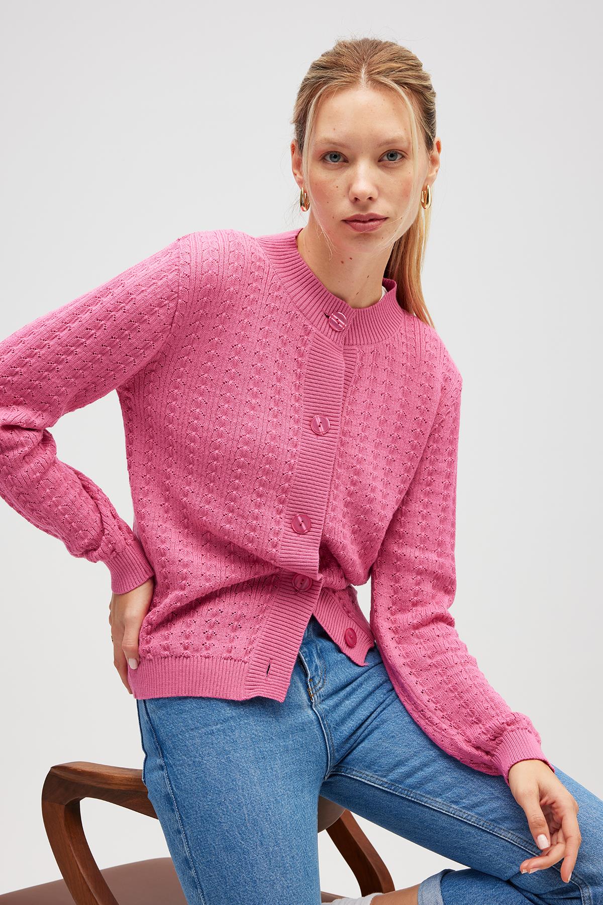 Peraluna-Zoey Mini Kabartma örgülü Triko Hırka şeker Pembe-Hırka-3-Milagron.com