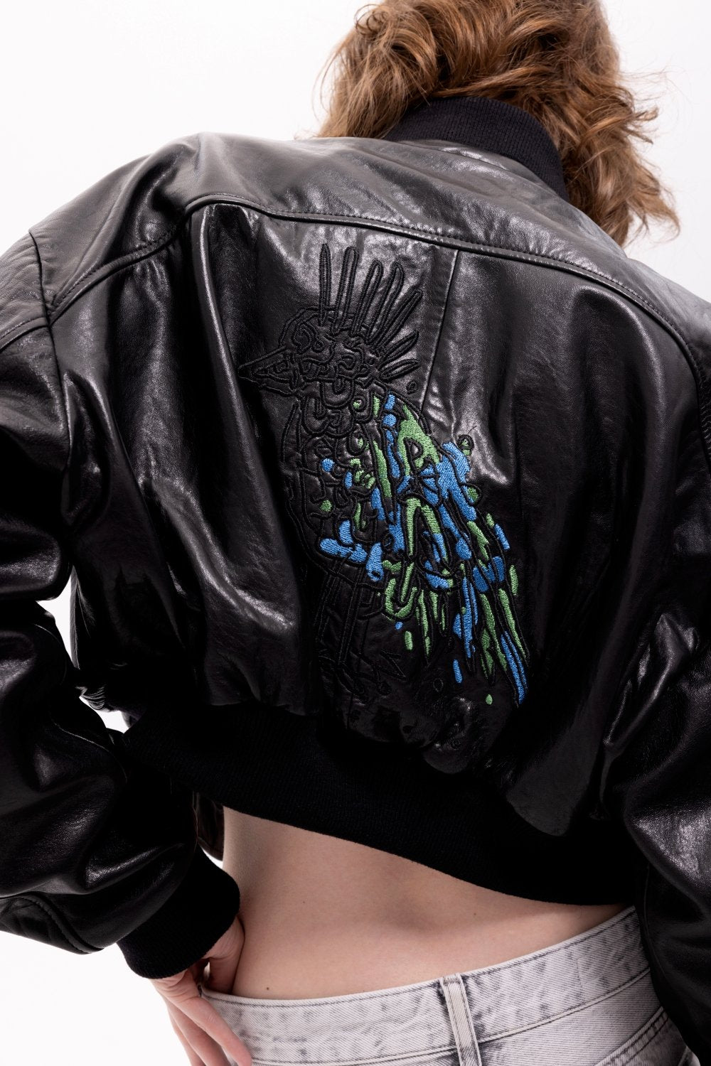 Pica Noir-Pyrha Saksağan Nakışlı Deri Bomber Ceket-Deri Mont-3-Milagron.com