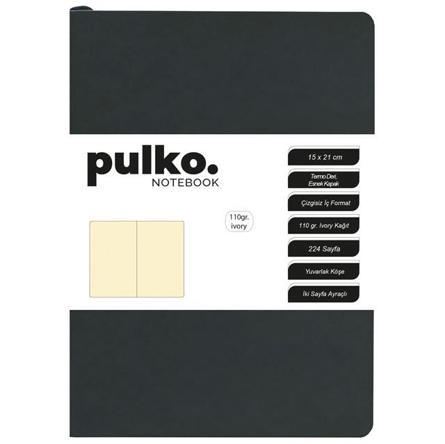 Pulko-Defter 110gr Ivory Kağıt, A5, Termo Deri, 224 Sayfa, Düz, 047, Siyah-Çizgisiz-1-Milagron.com