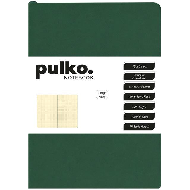 Pulko-Pulko Defter 110gr Ivory Kağıt, A5, Termo Deri, 224 Sayfa, Noktalı, 044, Orman Yeşili-Defter-1-Milagron.com